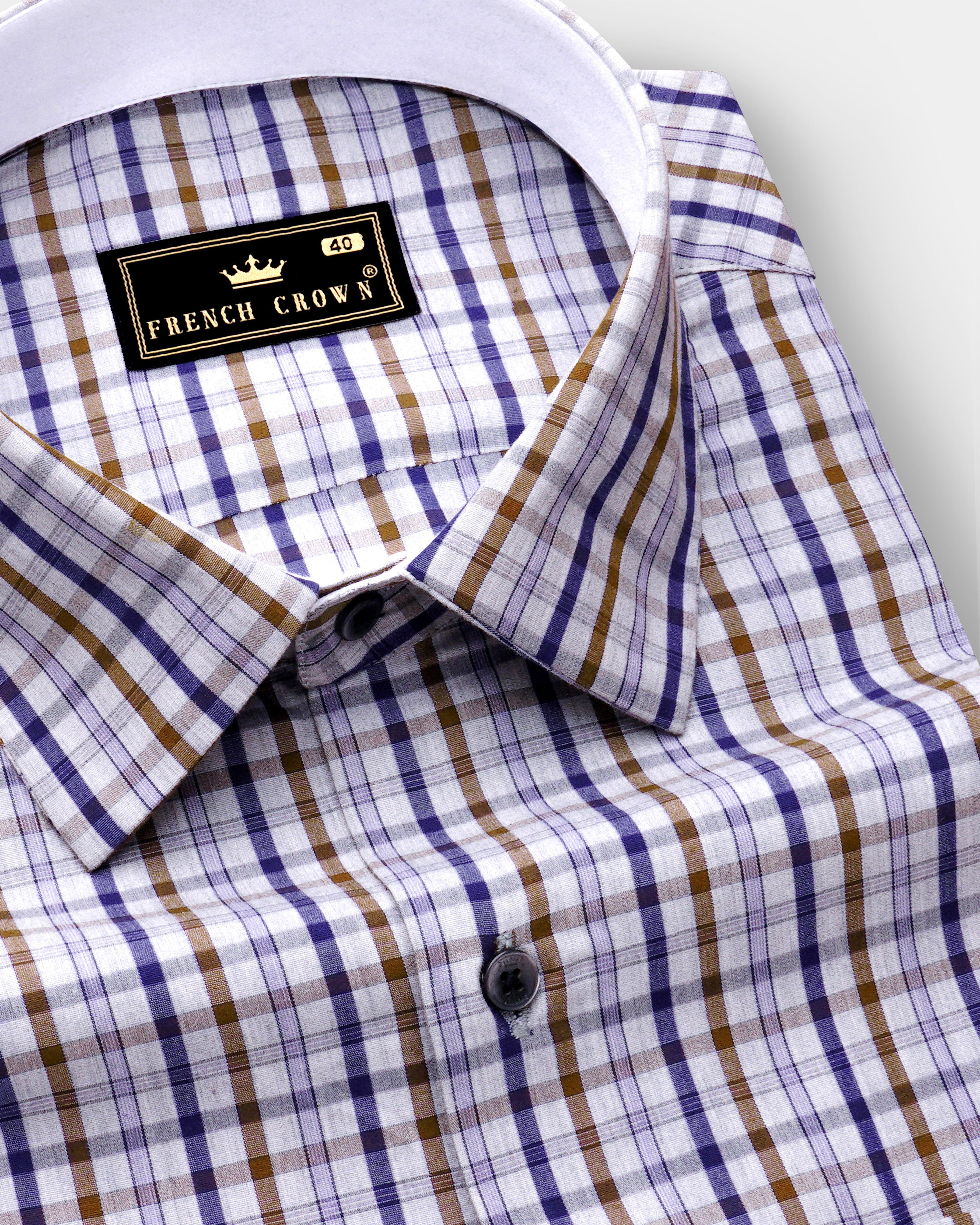 Platinum Grey with Purply Blue and Otter Brown Plaid Poplin Giza Cotton Shirt