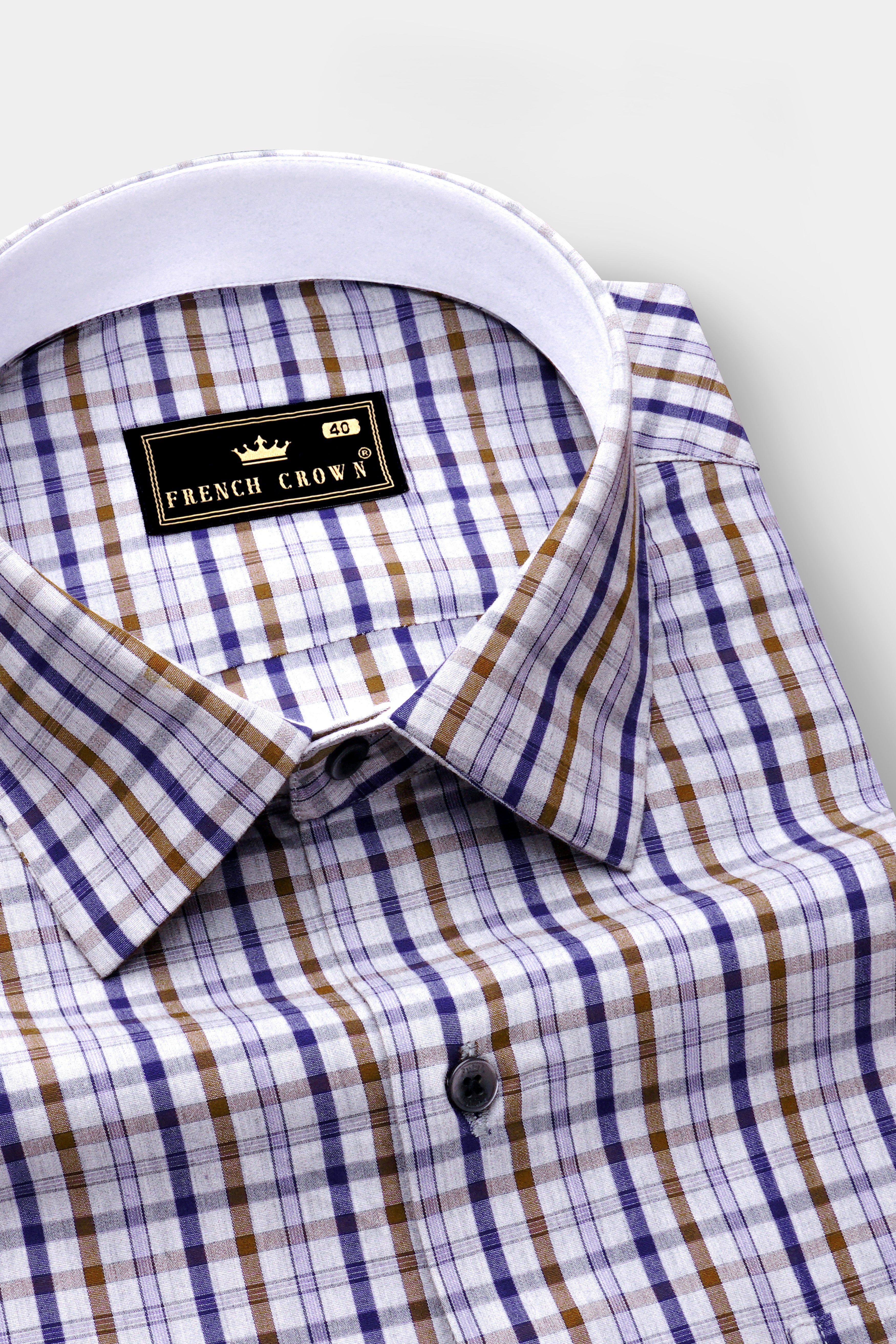 Platinum Grey with Purply Blue and Otter Brown Plaid Poplin Giza Cotton Shirt