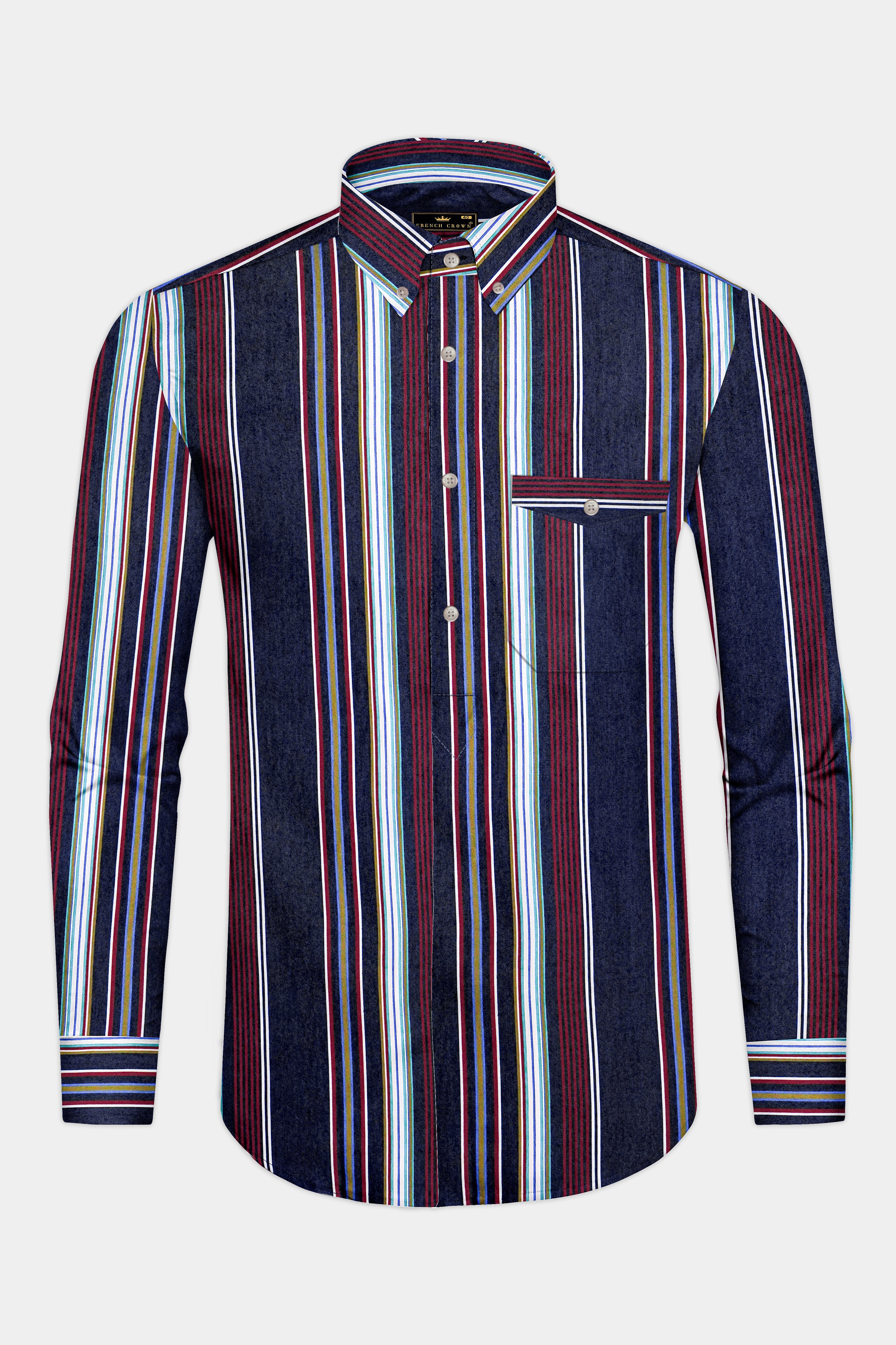 Midnight Blue And Bordeaux Red Multicoloured Striped Indigo Denim Casual Designer Shirt