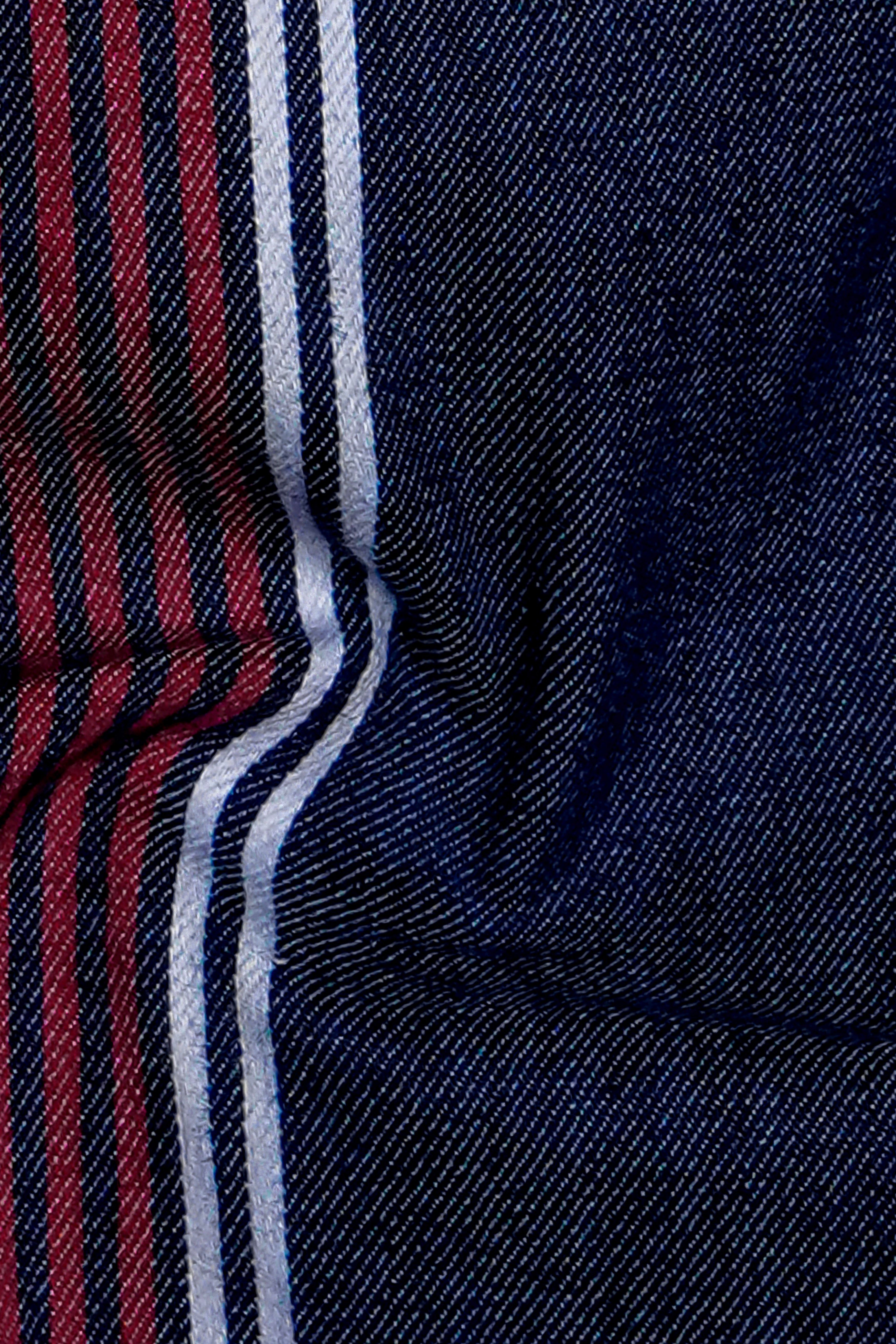 Midnight Blue And Bordeaux Red Multicoloured Striped Indigo Denim Casual Designer Shirt