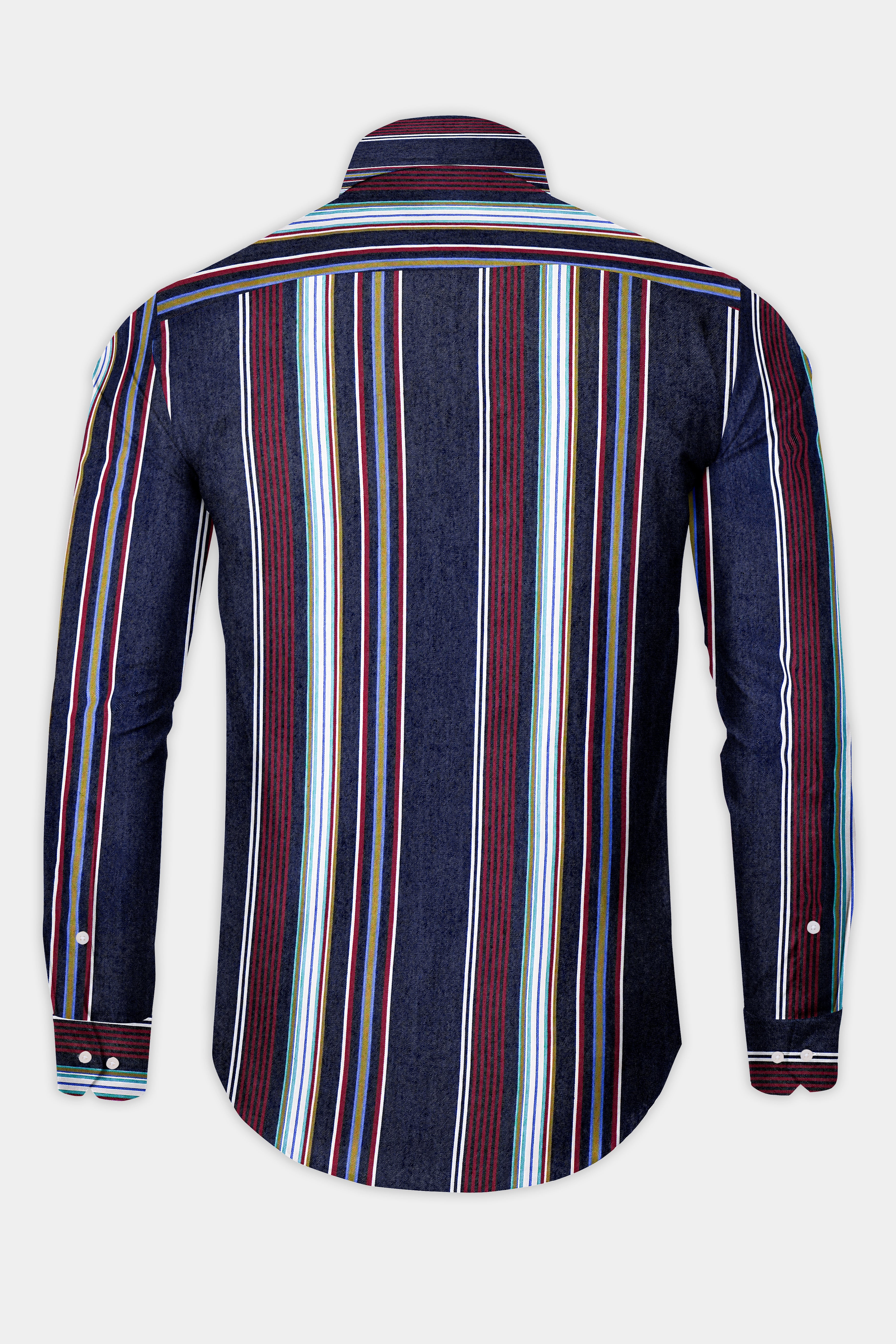 Obscura-Midnight Blue And Bordeaux Red Multicoloured Striped Indigo Denim Casual Designer Shirt