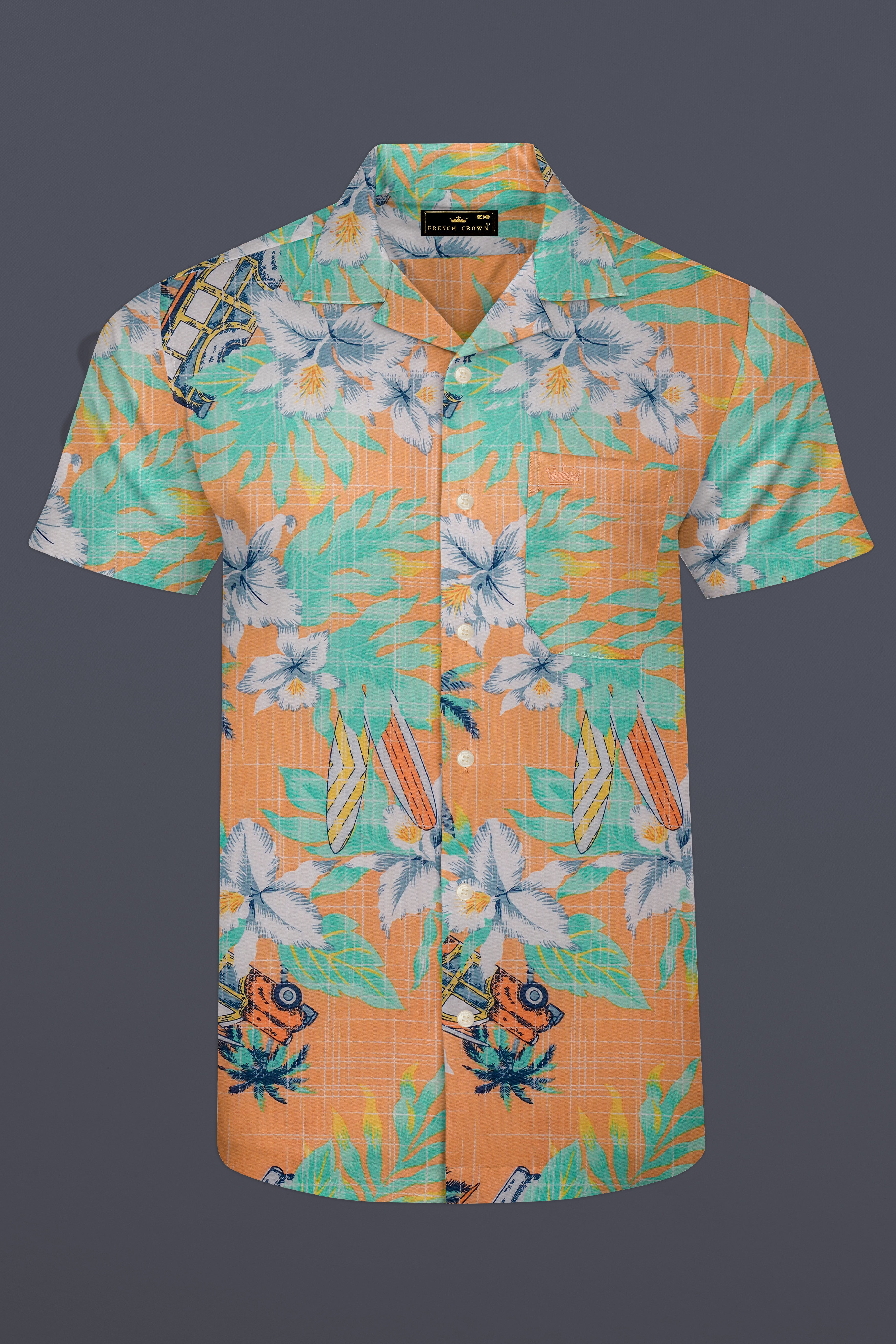 Apricot Orange And Viridian Green Floral Printed Chambray Premium Cotton Shirt