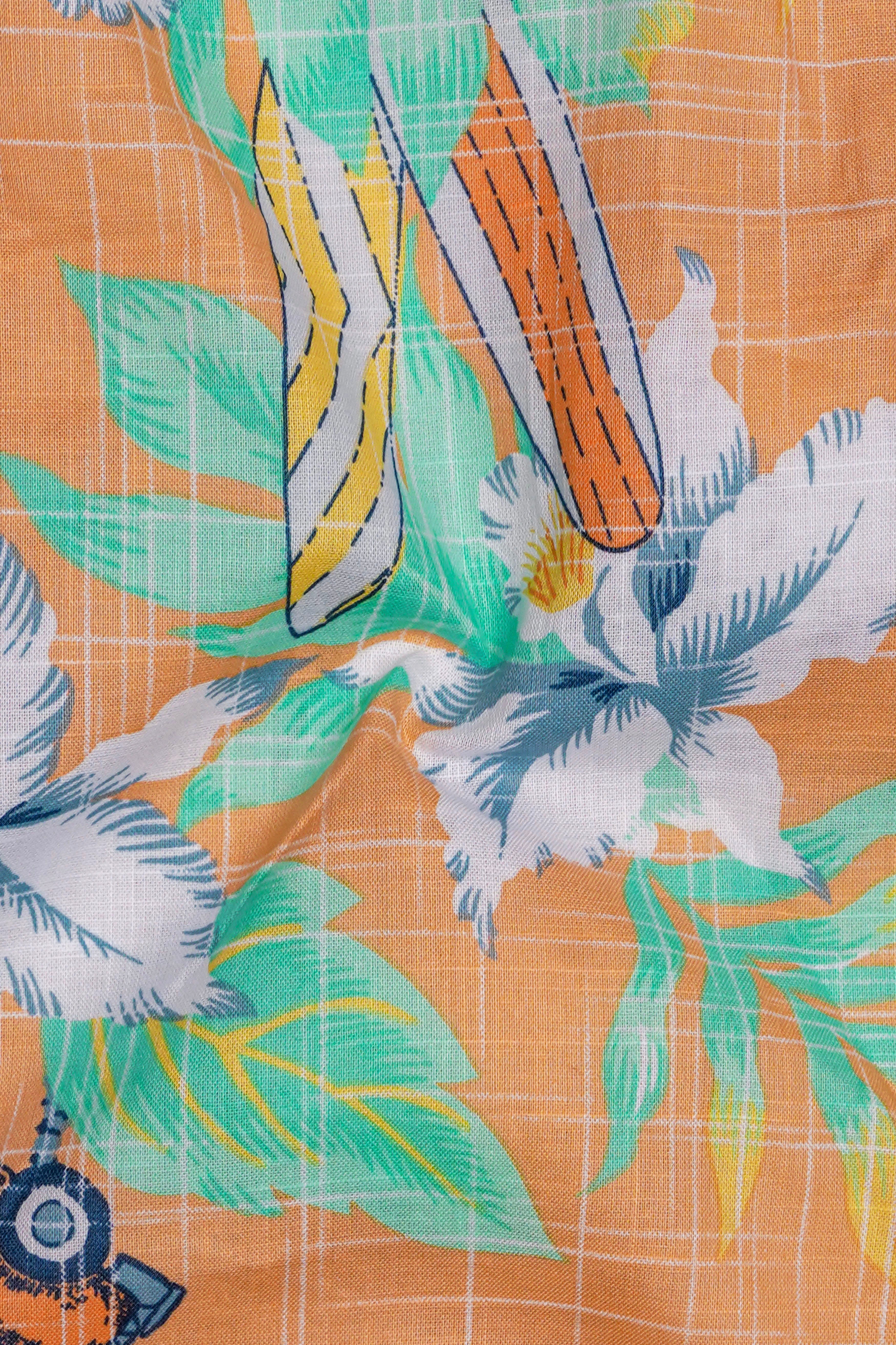 Apricot Orange And Viridian Green Floral Printed Chambray Premium Cotton Shirt