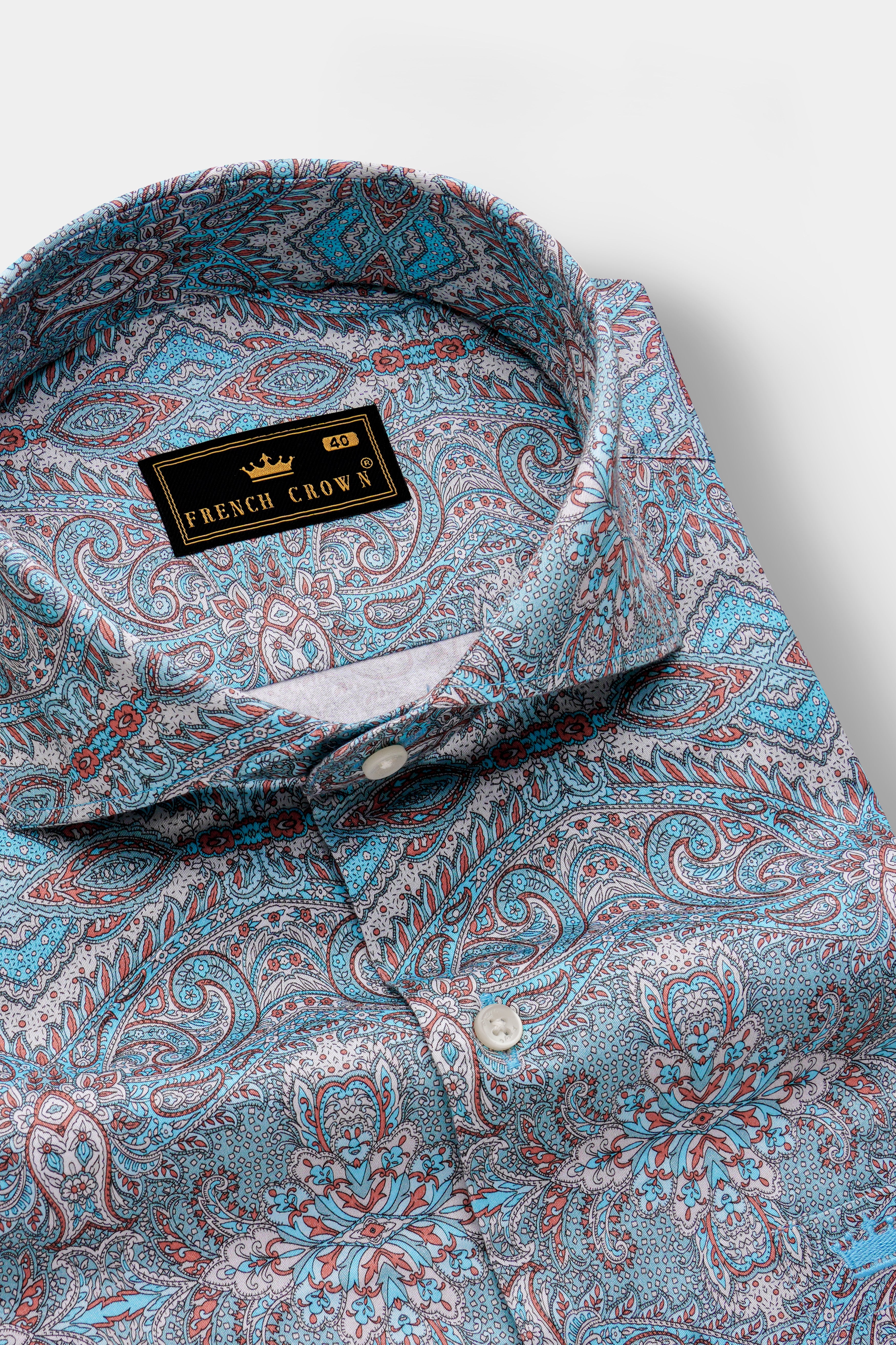 Fountain Blue And Bright White Vineyard Printed Twill Premium Cotton Casual Shirt