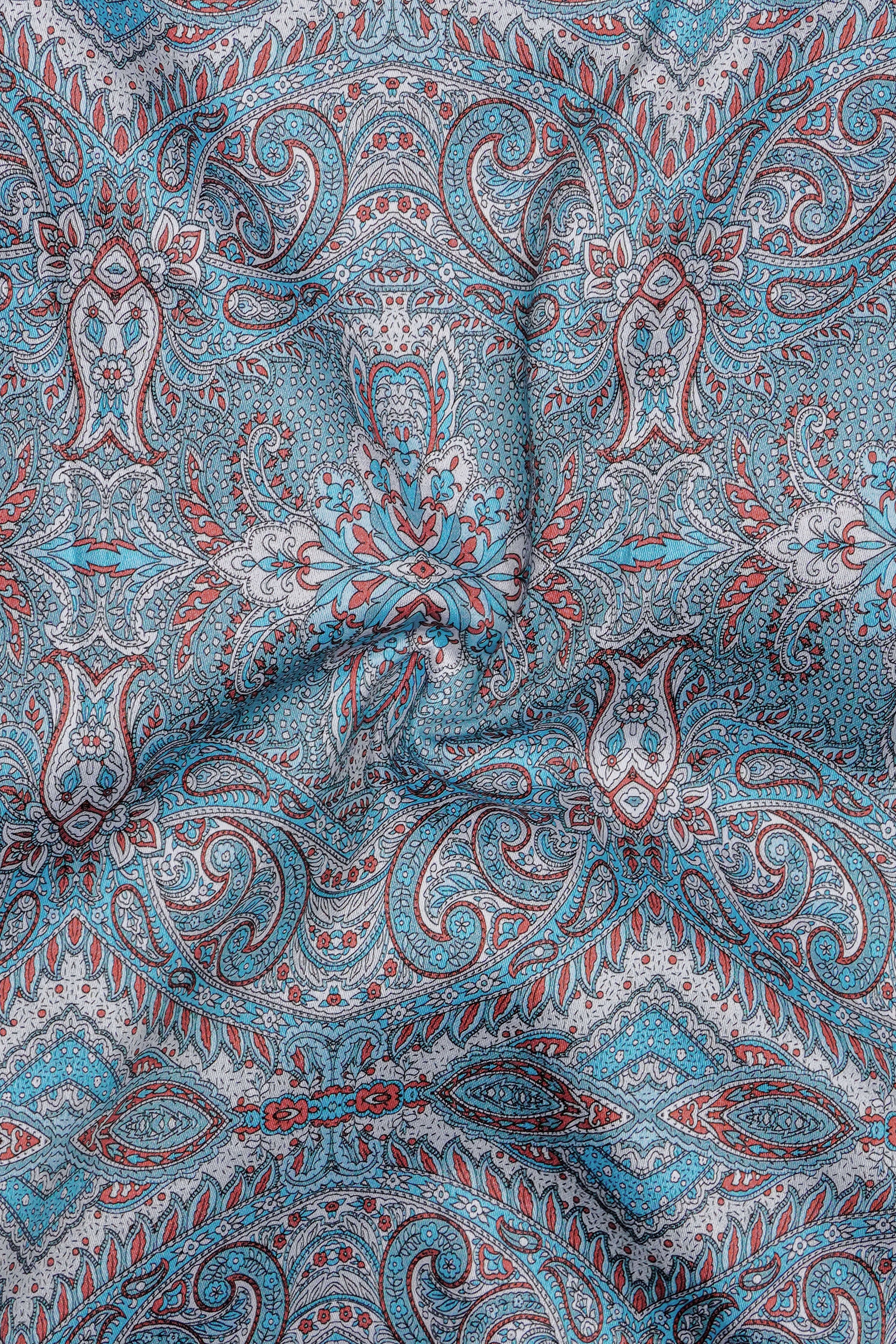 Fountain Blue And Bright White Vineyard Printed Twill Premium Cotton Casual Shirt