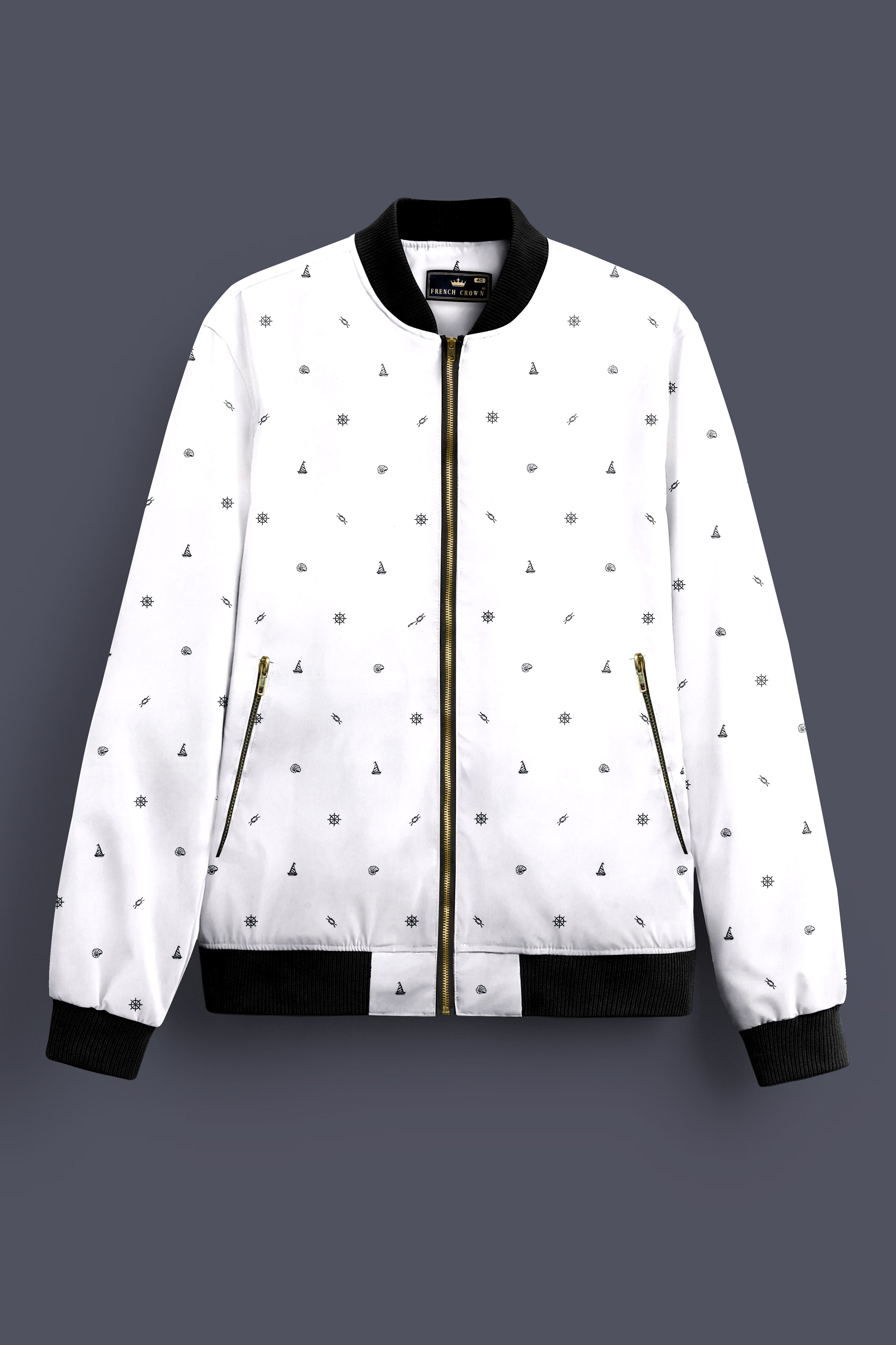 Nautical Tide-Bright White Nautical Printed Premium Cotton Bomber Jacket