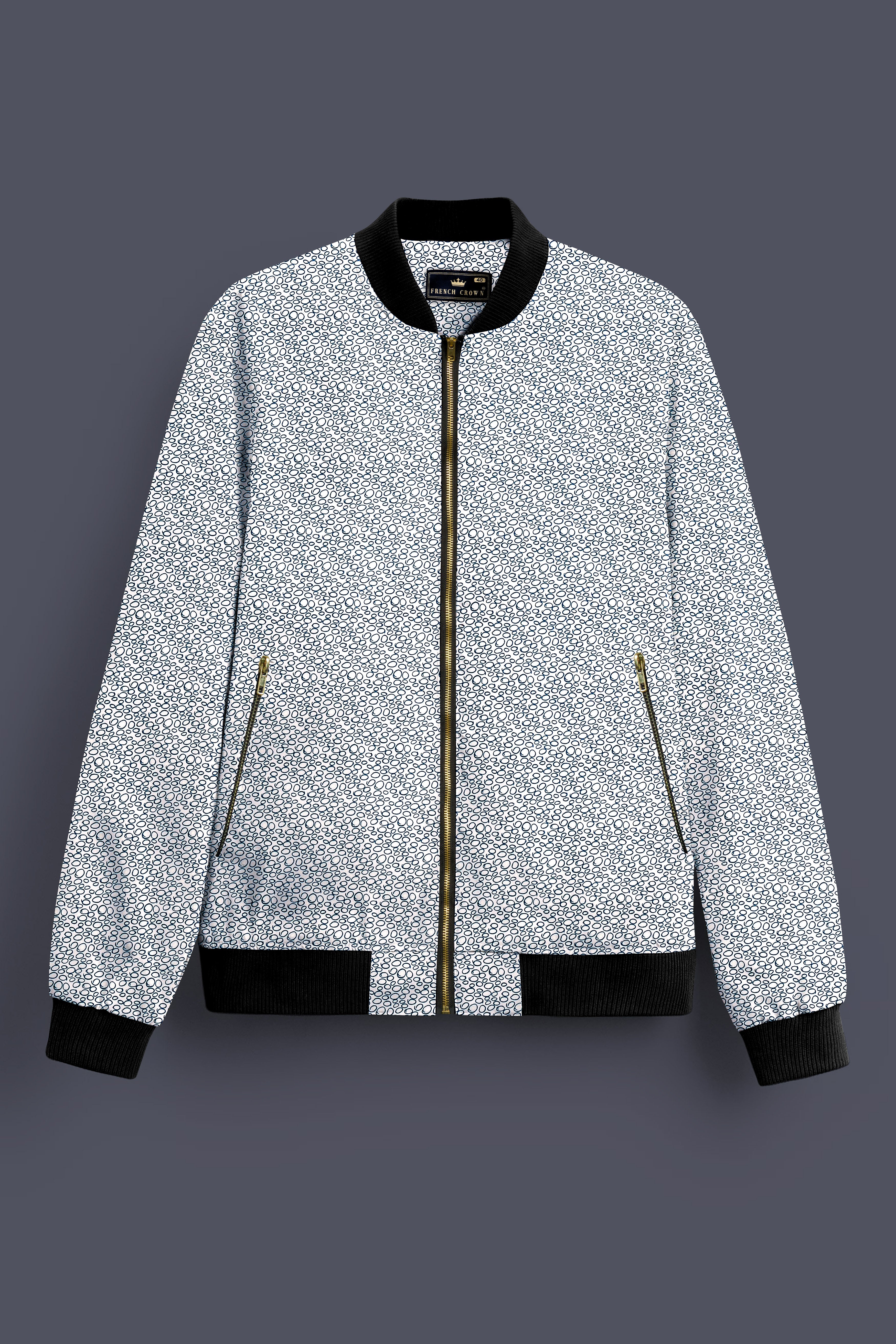Azure Mist-Bright White And Stratos Blue Printed Premium Cotton Bomber Jacket