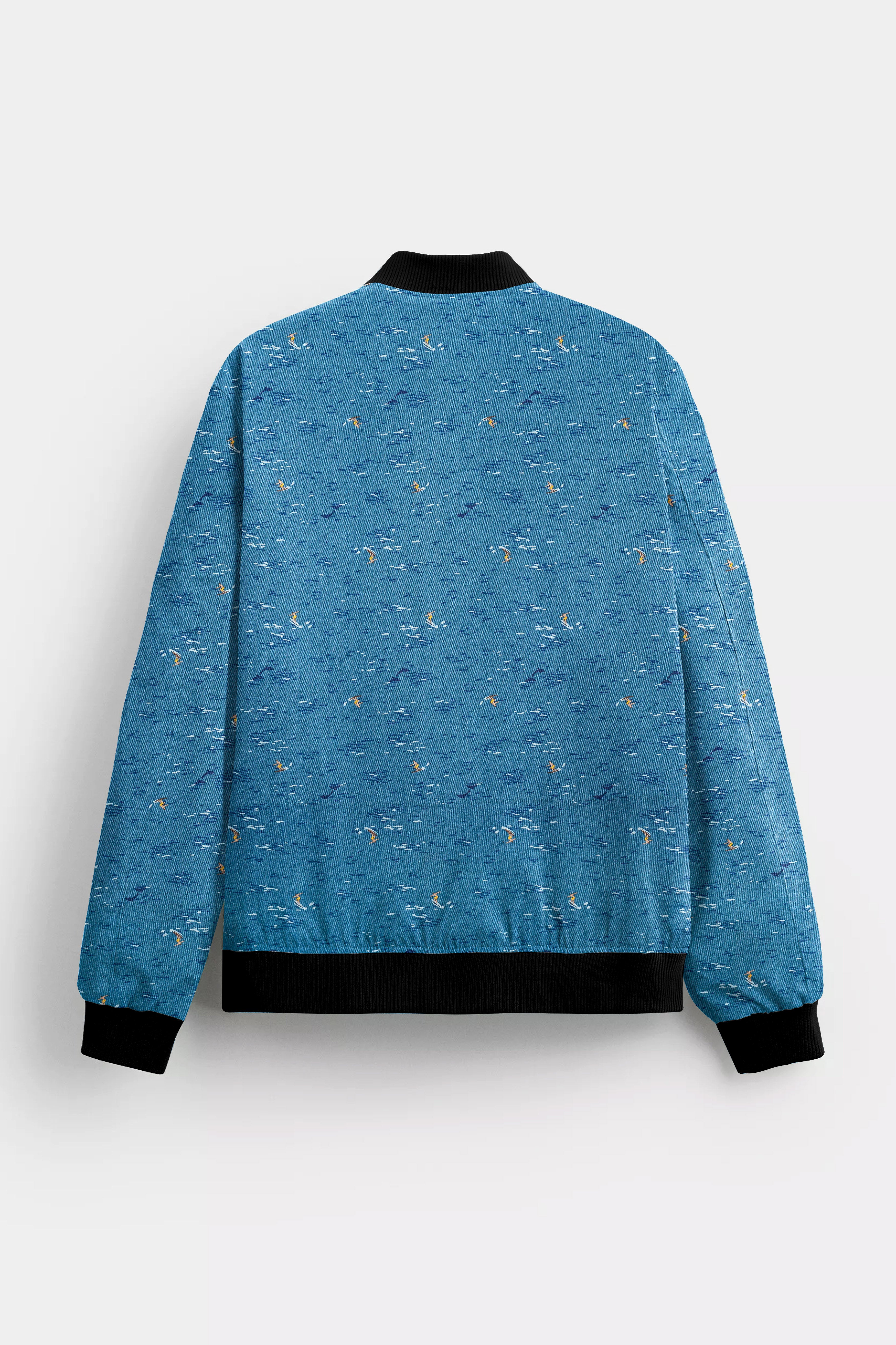 Mariner's Muse-Calypso Blue Beach Printed Premium Cotton Bomber Jacket