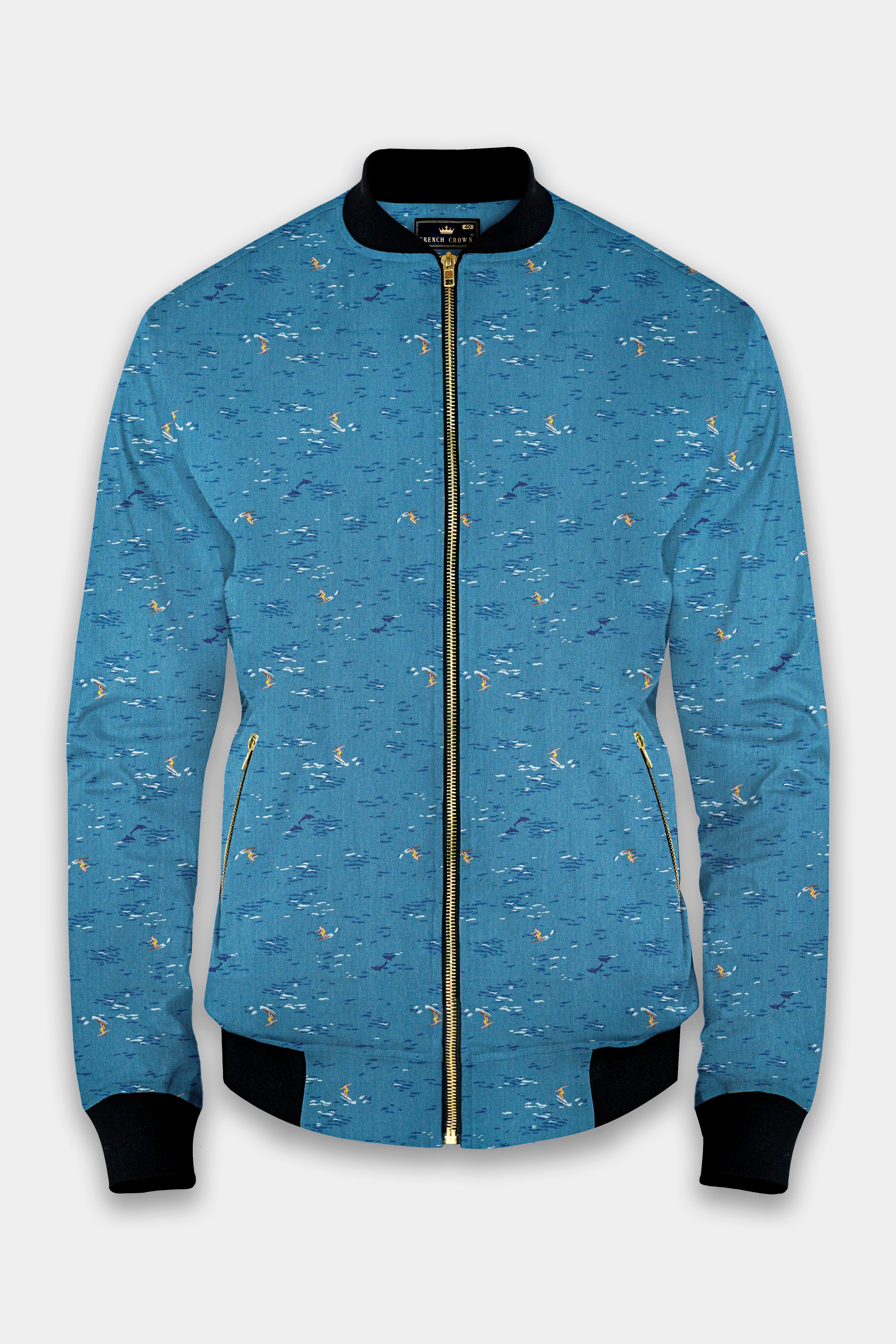 Mariner's Muse-Calypso Blue Beach Printed Premium Cotton Bomber Jacket