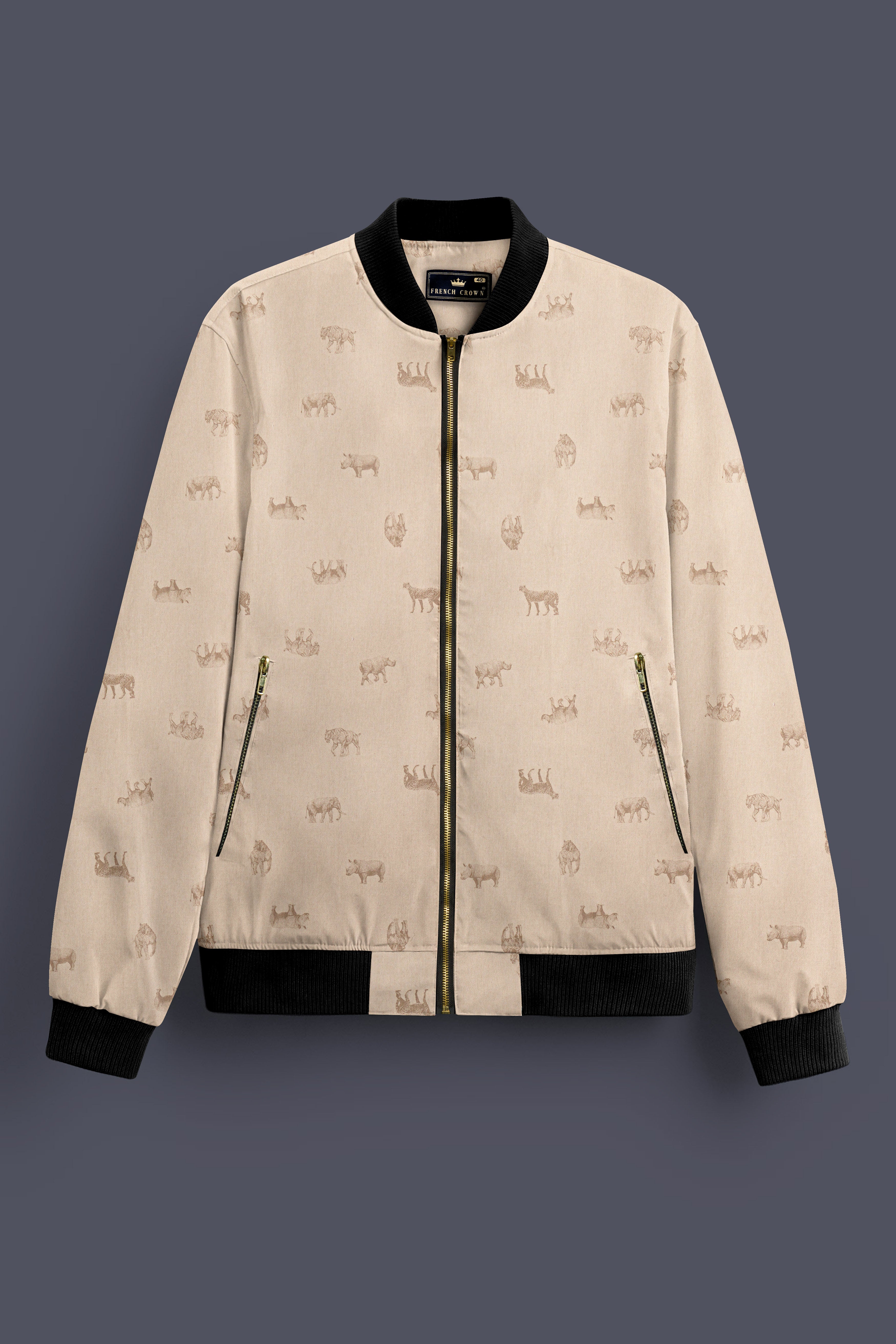Ivory Wild-Vanilla Cream Animal Printed Premium Cotton Bomber Jacket