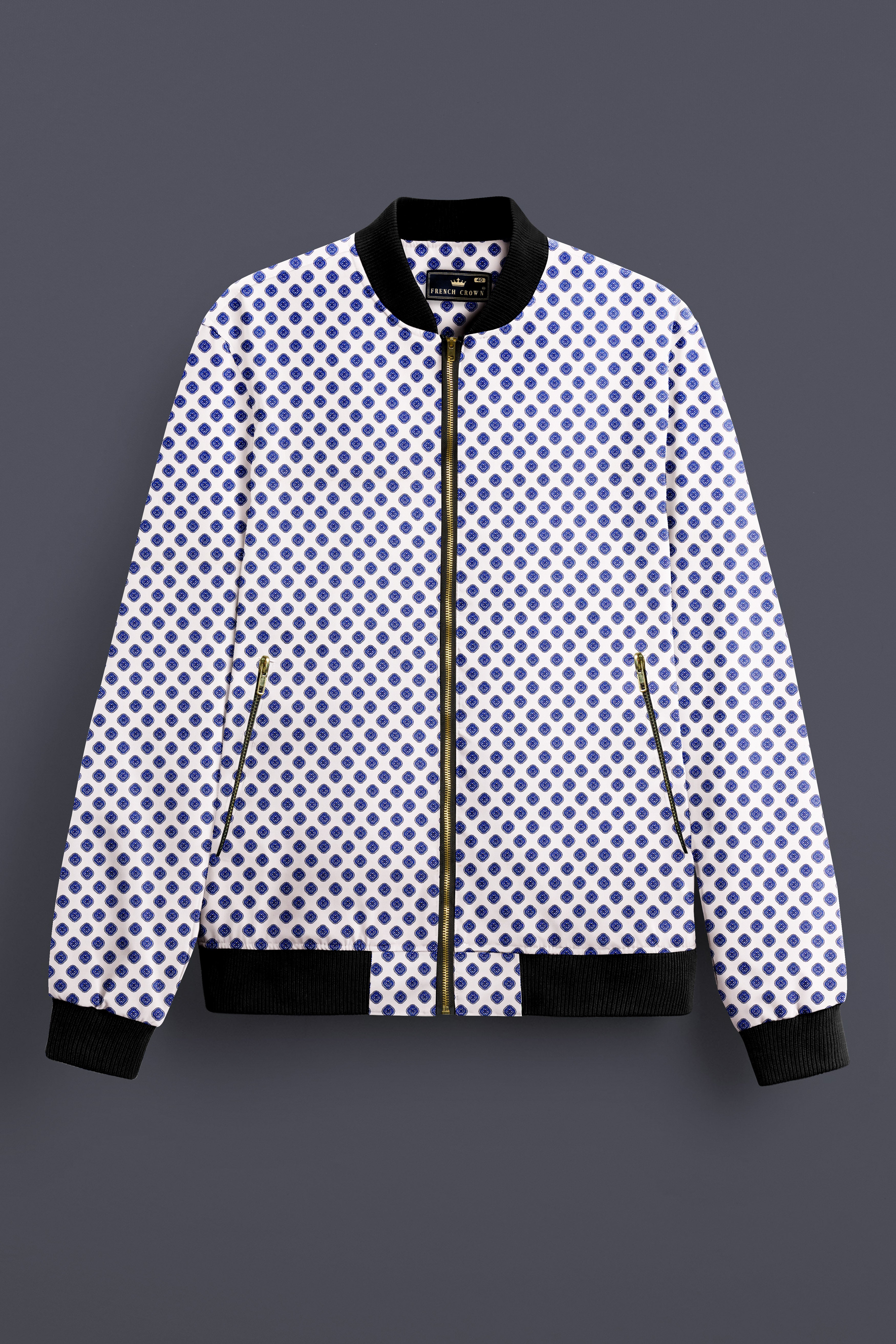 Ocean Echo-Bright White And Mariner Blue Retro Printed Premium Cotton Bomber Jacket