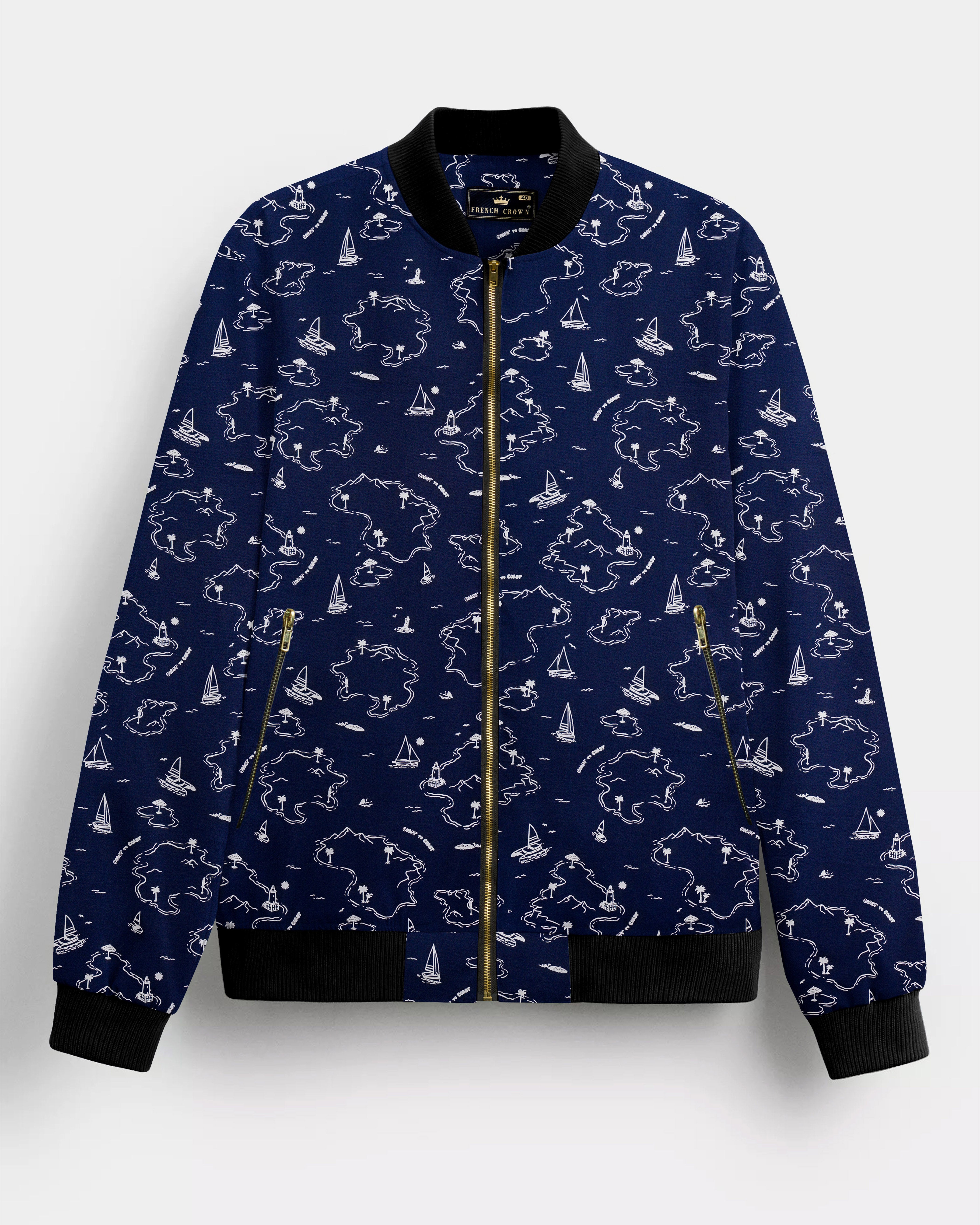 Firefly Blue Boat Prints Premium Cotton Bomber Jacket