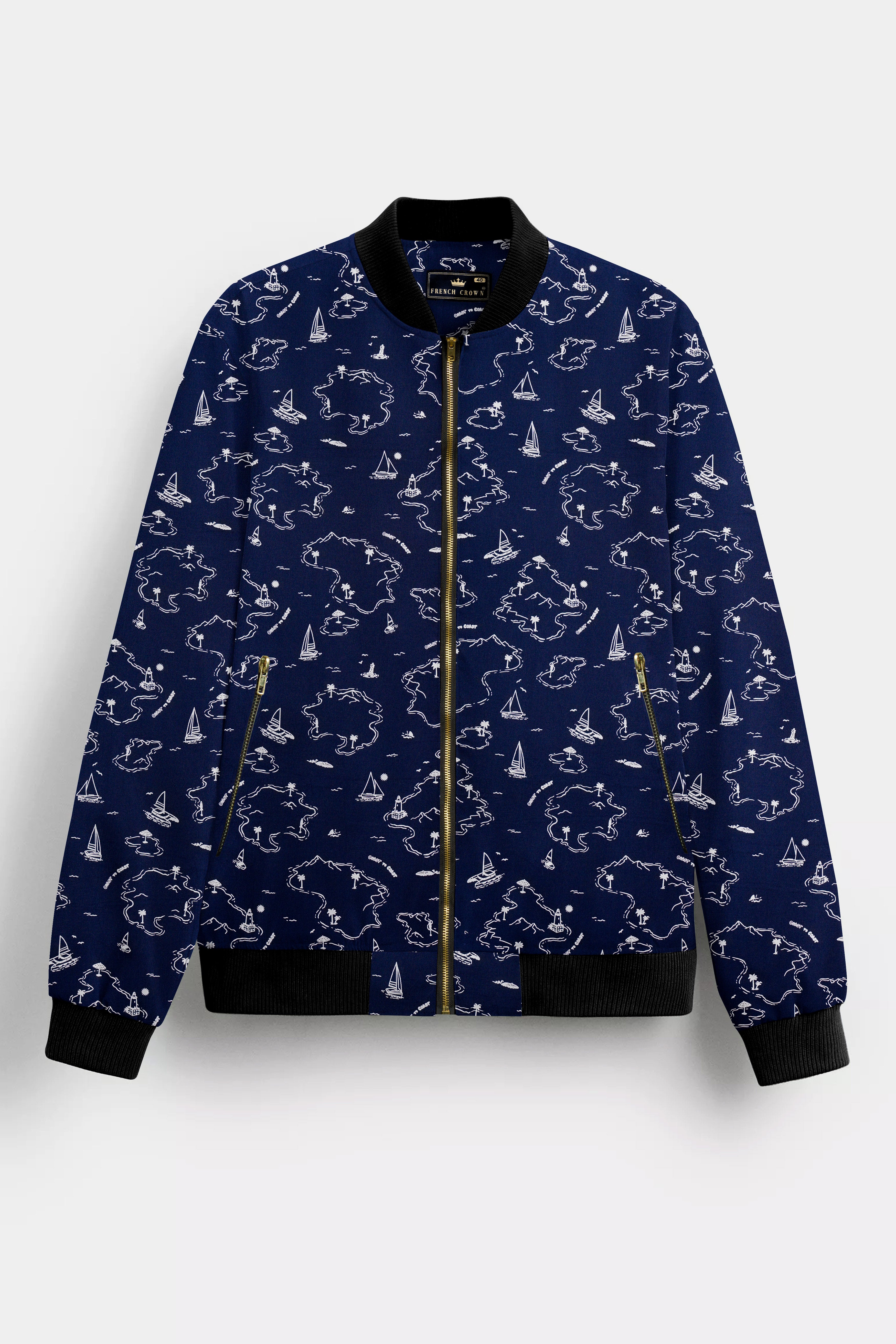 Firefly Blue Boat Printed Premium Cotton Bomber Jacket