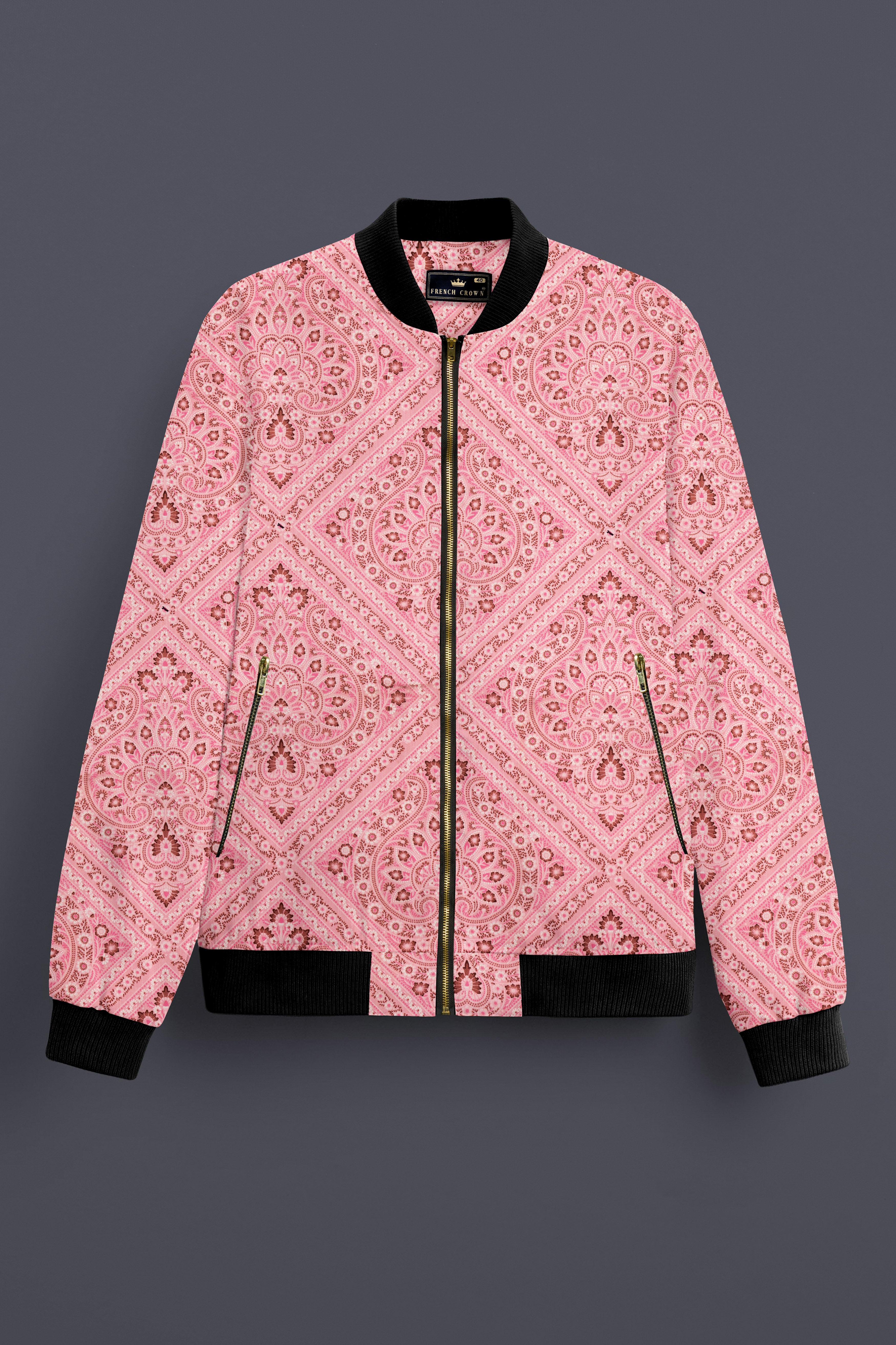 Rose Bud Pink Printed Premium Cotton Bomber Jacket