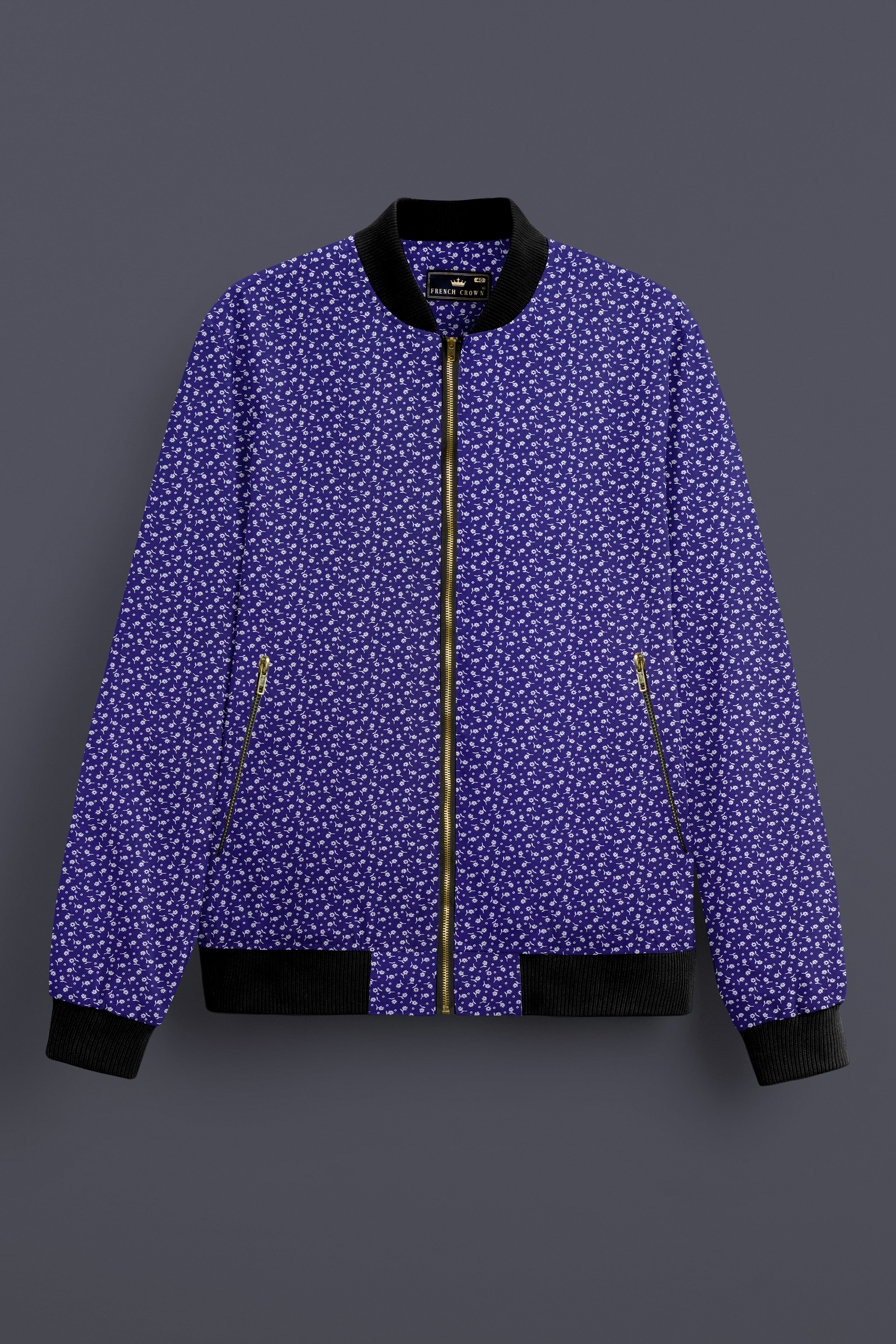 Meteorite Blue Printed Premium Cotton Bomber Jacket