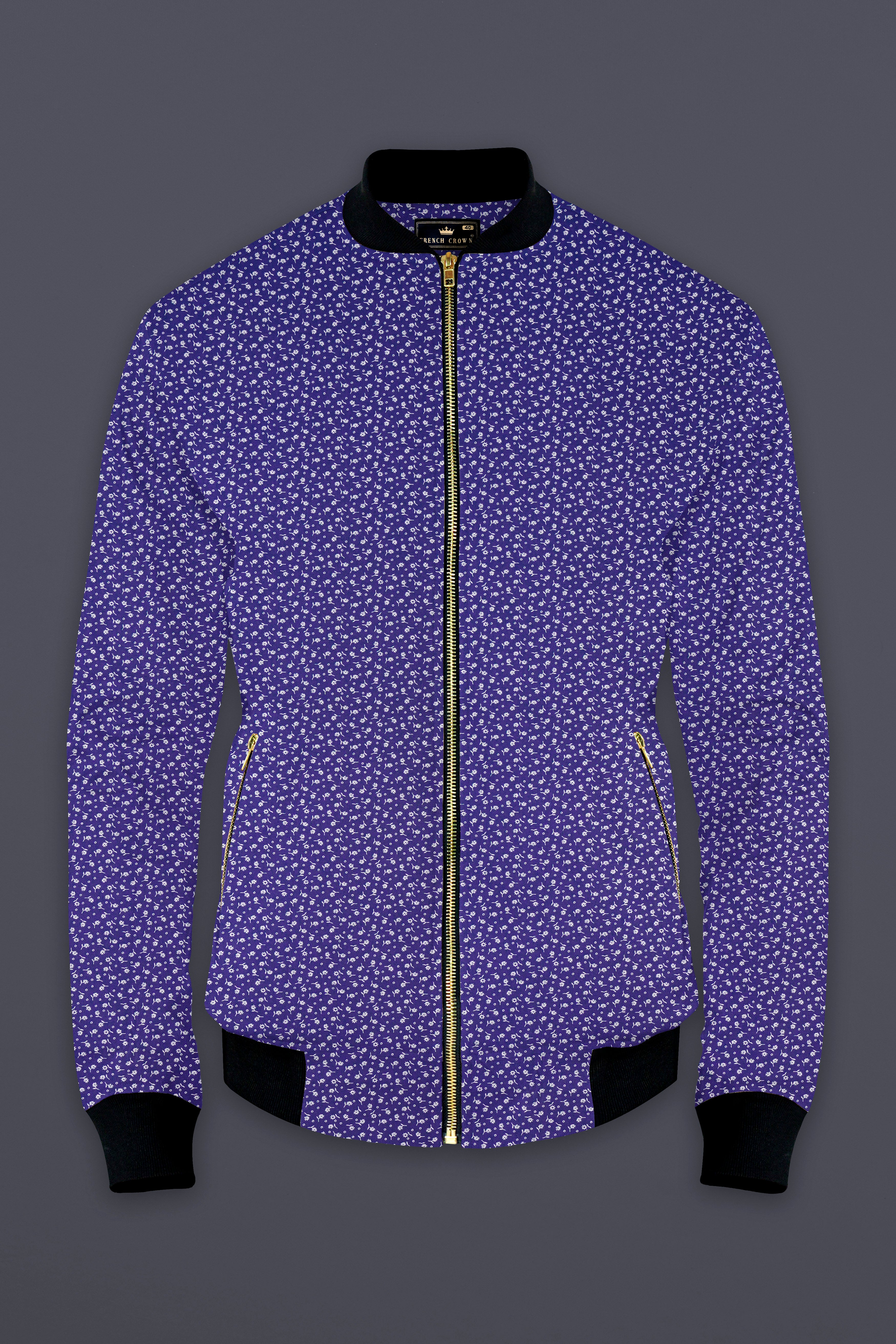 Meteorite Blue Printed Premium Cotton Bomber Jacket