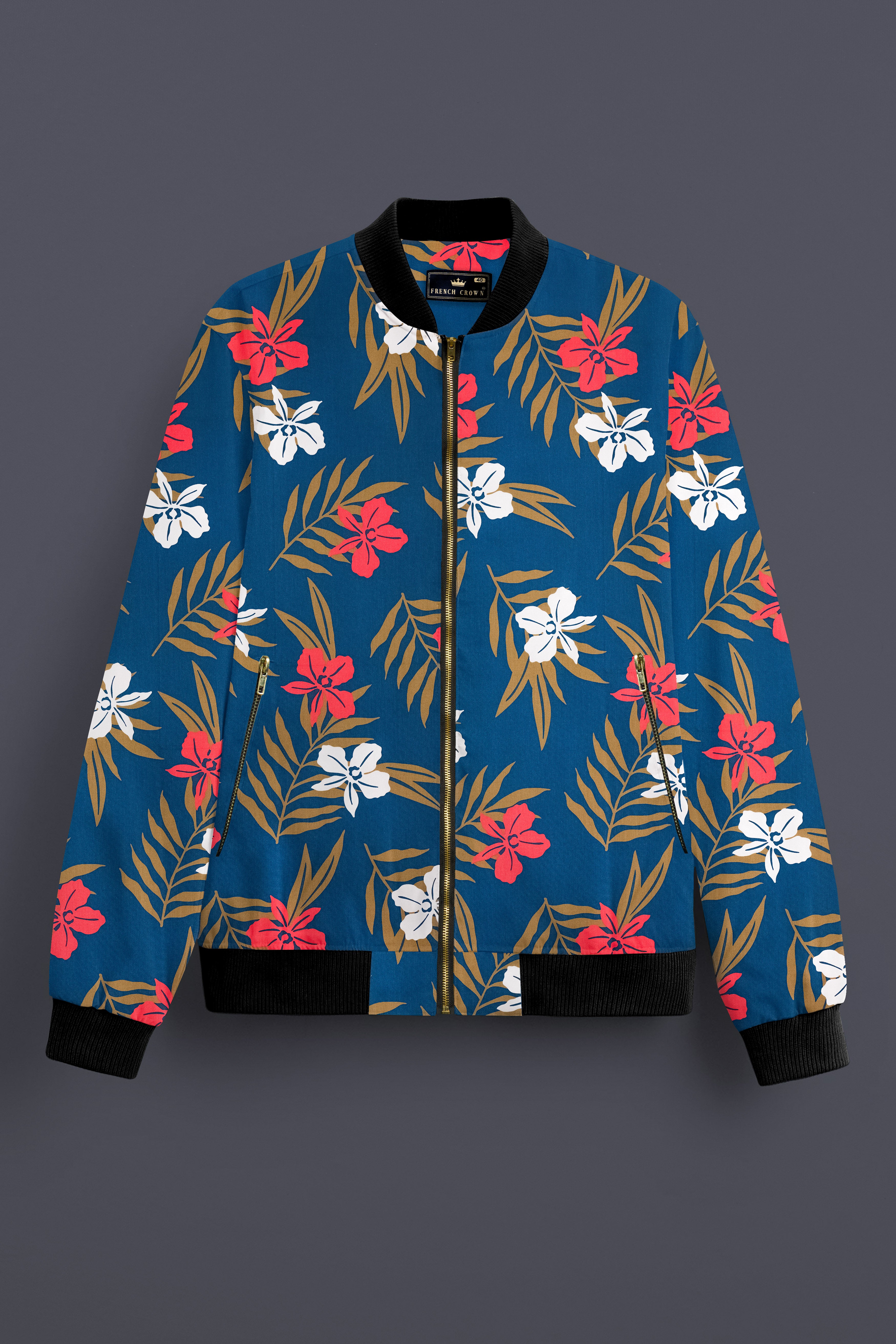 Venice Blue Floral Printed Premium Cotton Bomber Jacket