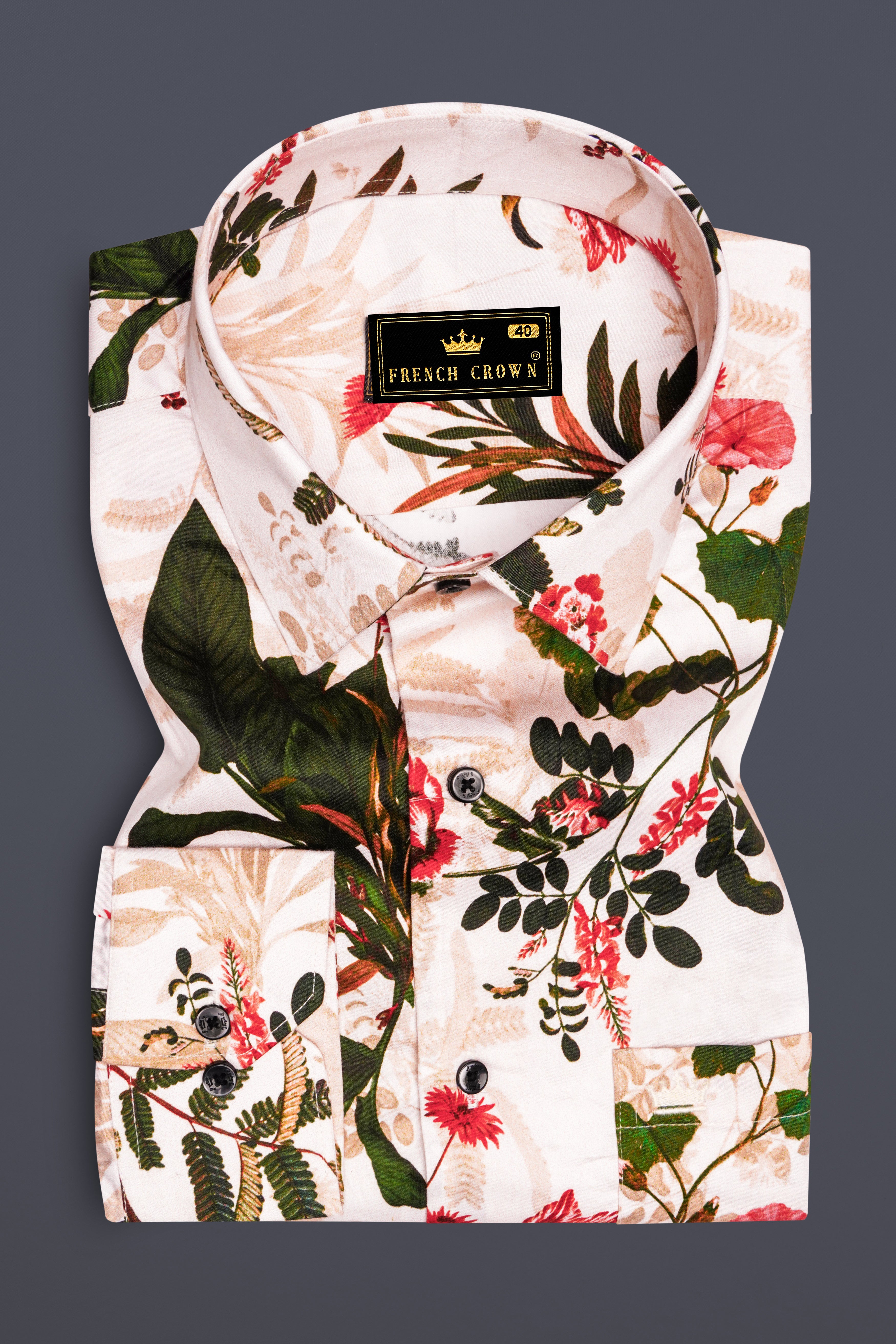 Creflora-Amour Cream And Rifle Green Floral Printed Subtle Sheen Super Soft Premium Casual Shirt