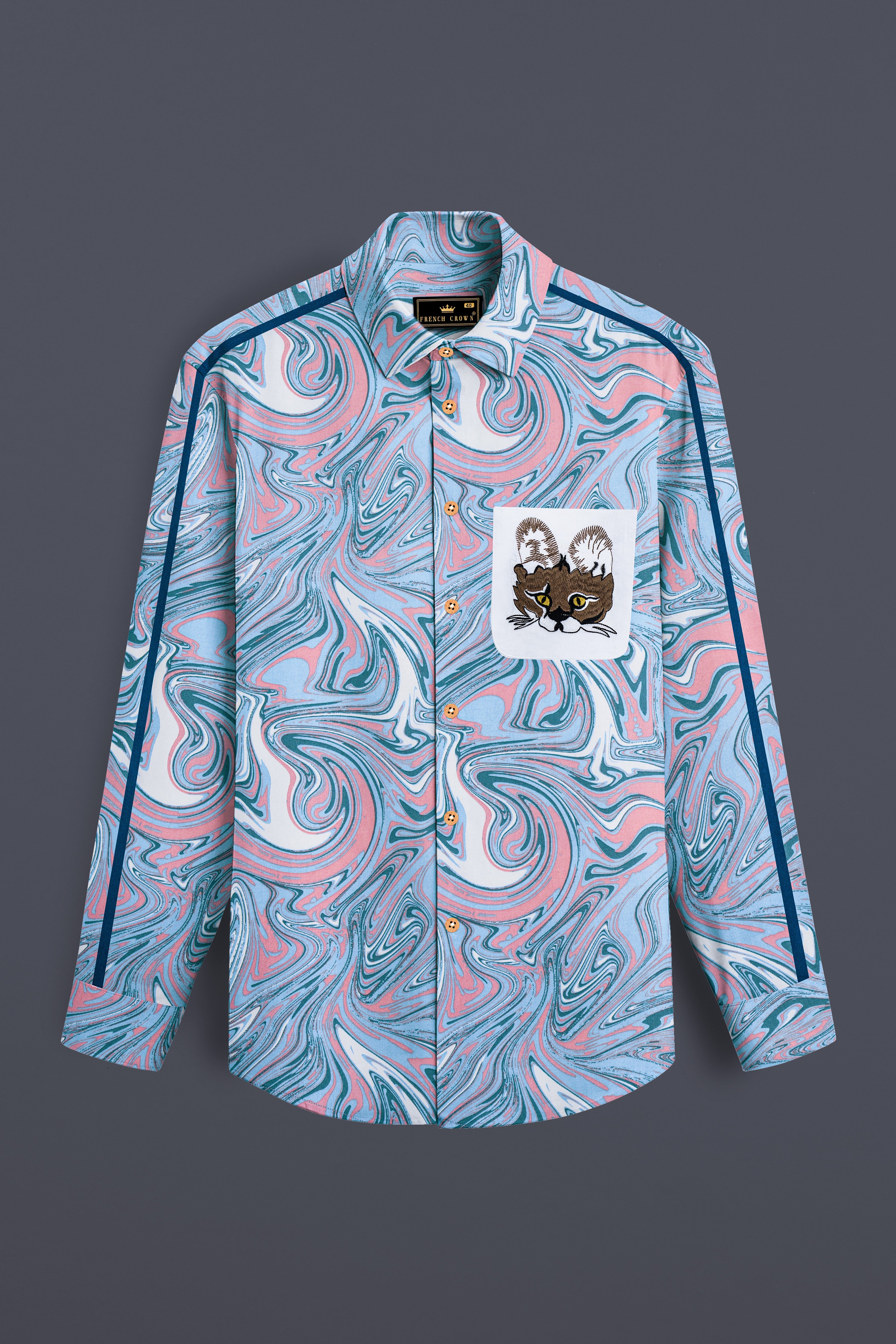 Faylin-Spindle Blue And Kawaii Pink Printed Fox Pocket Embroidered Super Soft Premium Cotton Casual Designer Shirt