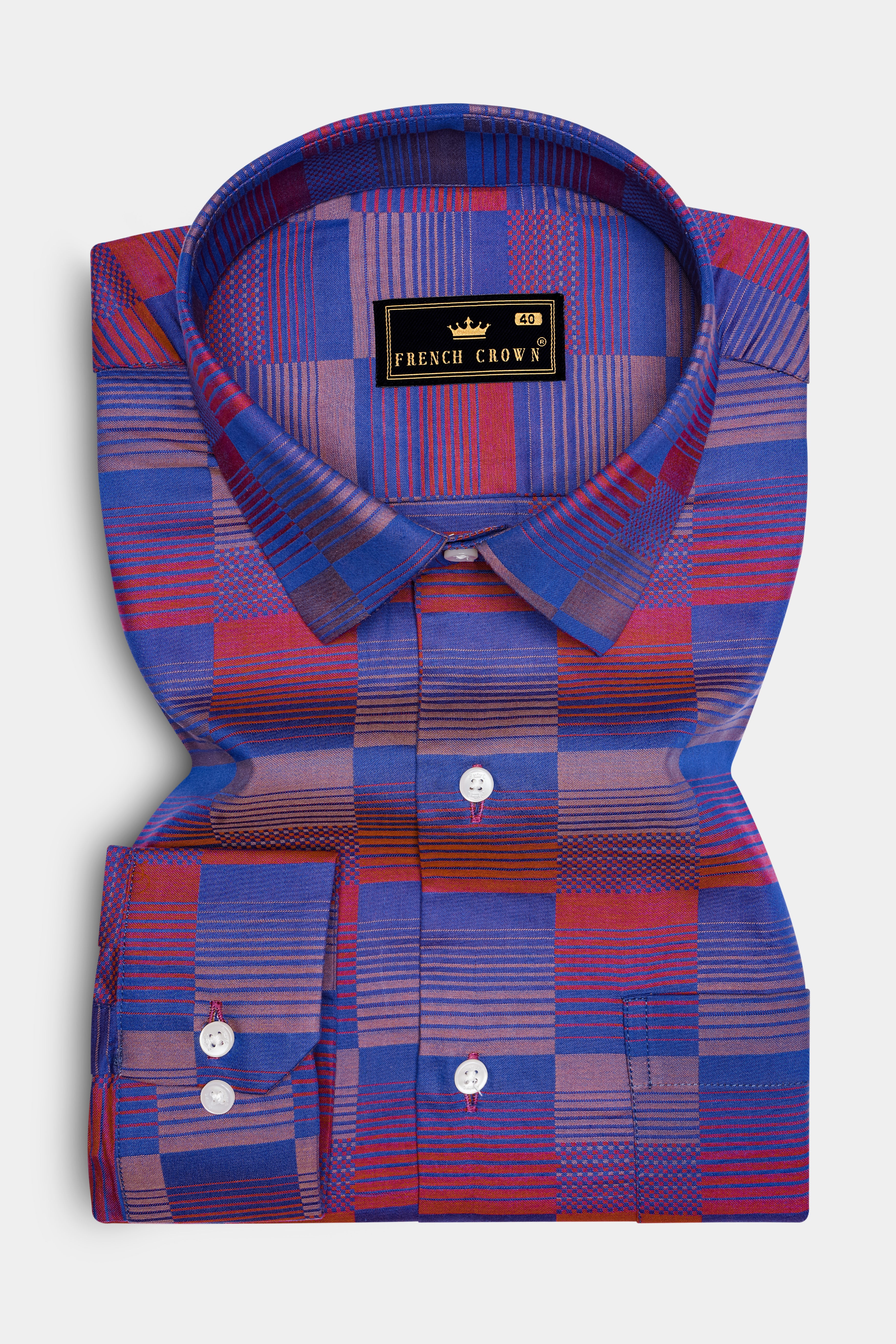 Blenzin-Marino Blue And Faded Red Jacquard Textured Premium Cotton Dress Shirt