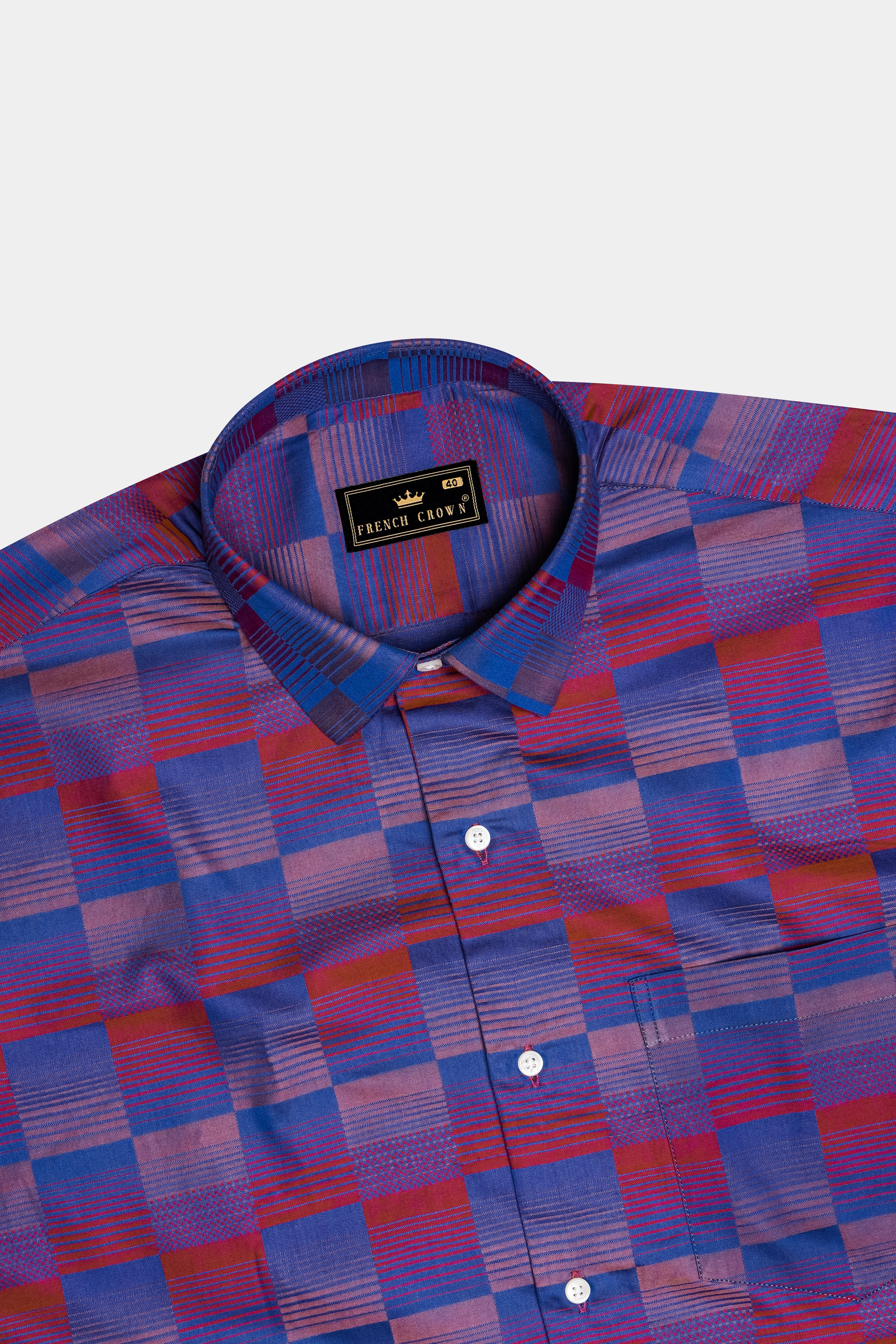 Blenzin-Marino Blue And Faded Red Jacquard Textured Premium Cotton Dress Shirt