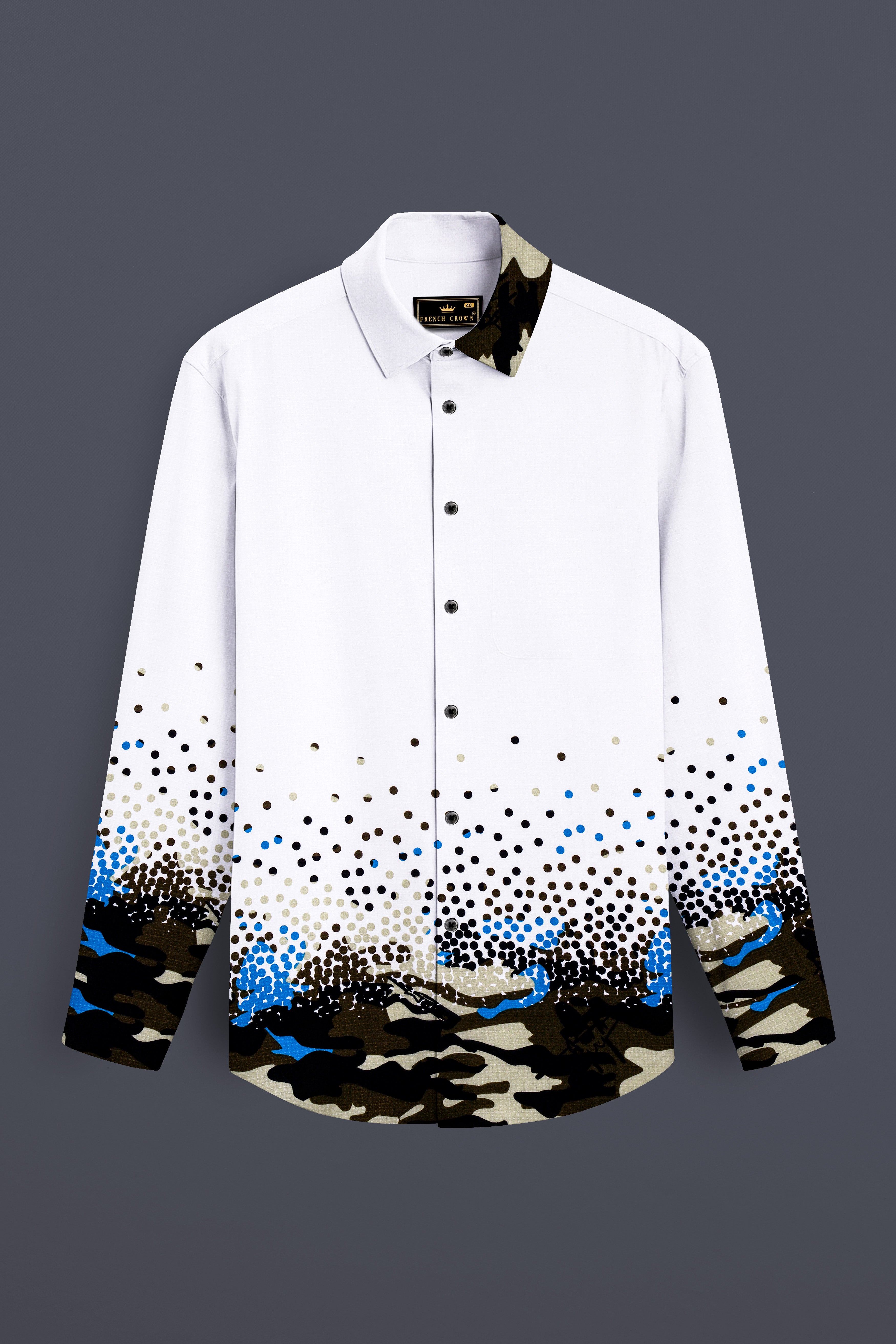 Tactune-Bright White And Graphite Brown Half Camouflage Military Prints Dobby Textured Premium Giza Cotton Casual Shirt