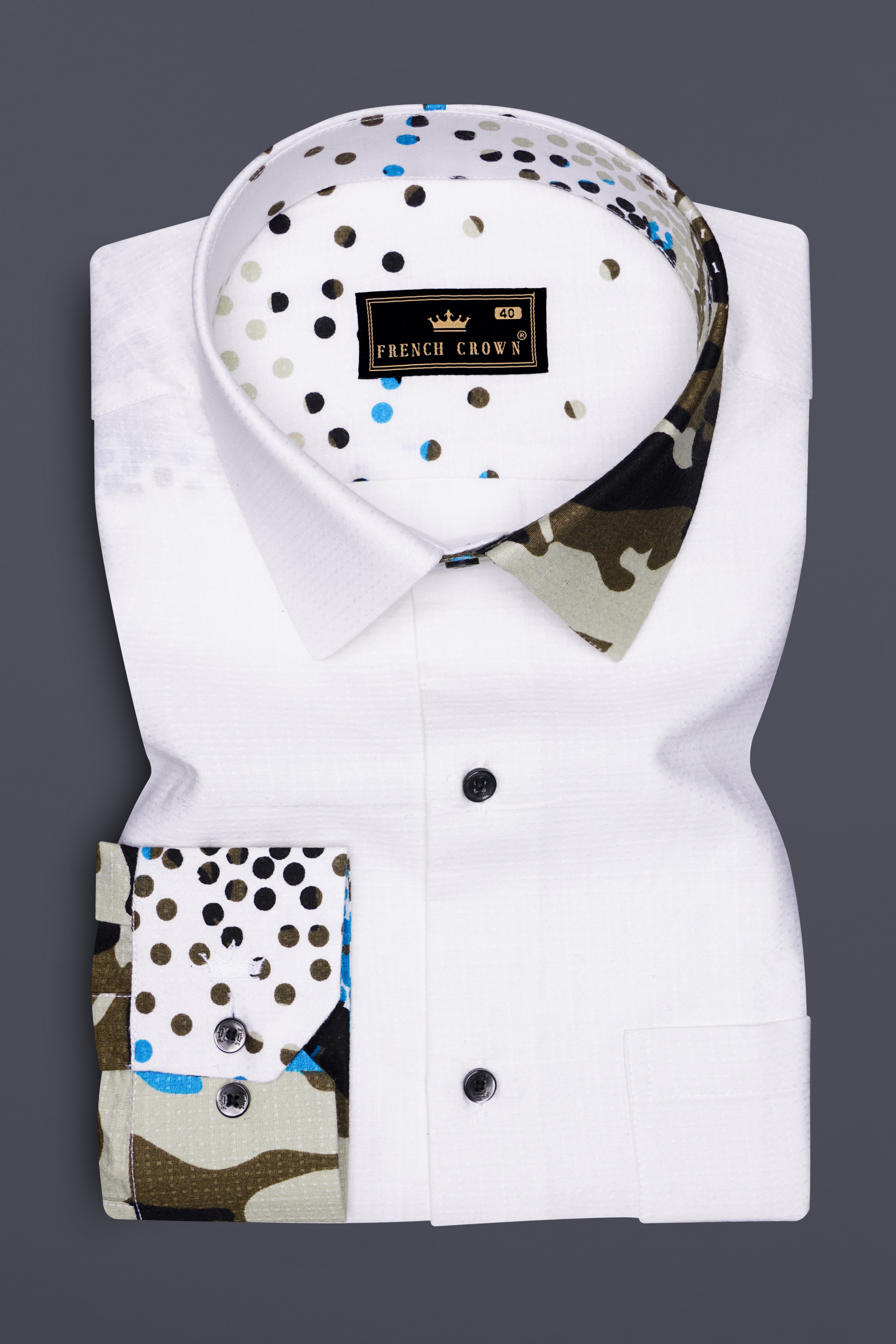 Tactune-Bright White And Graphite Brown Half Camouflage Military Prints Dobby Textured Premium Giza Cotton Casual Shirt