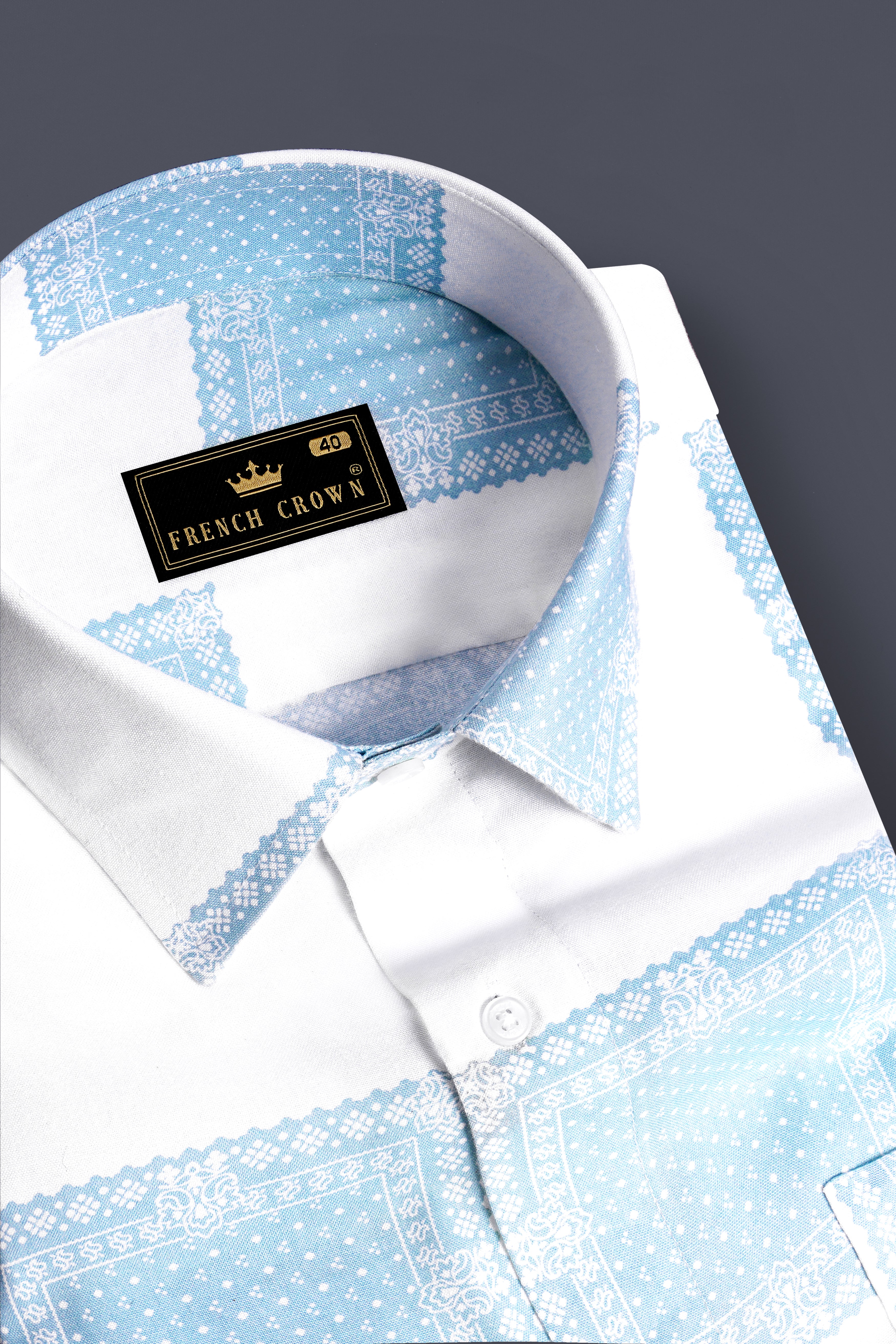 Obscia-Bright White And Gothic Blue Printed Super Soft Tencel Casual Shirt