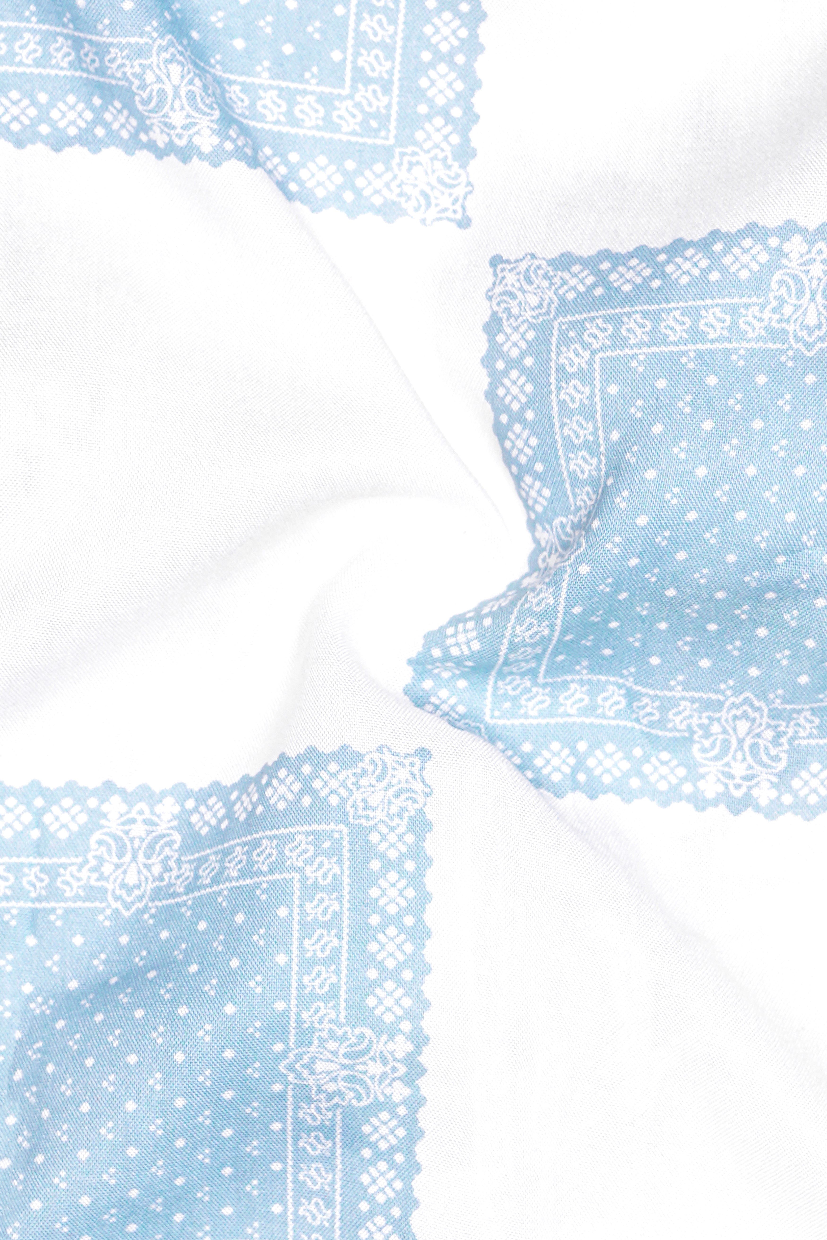 Obscia-Bright White And Gothic Blue Printed Super Soft Tencel Casual Shirt