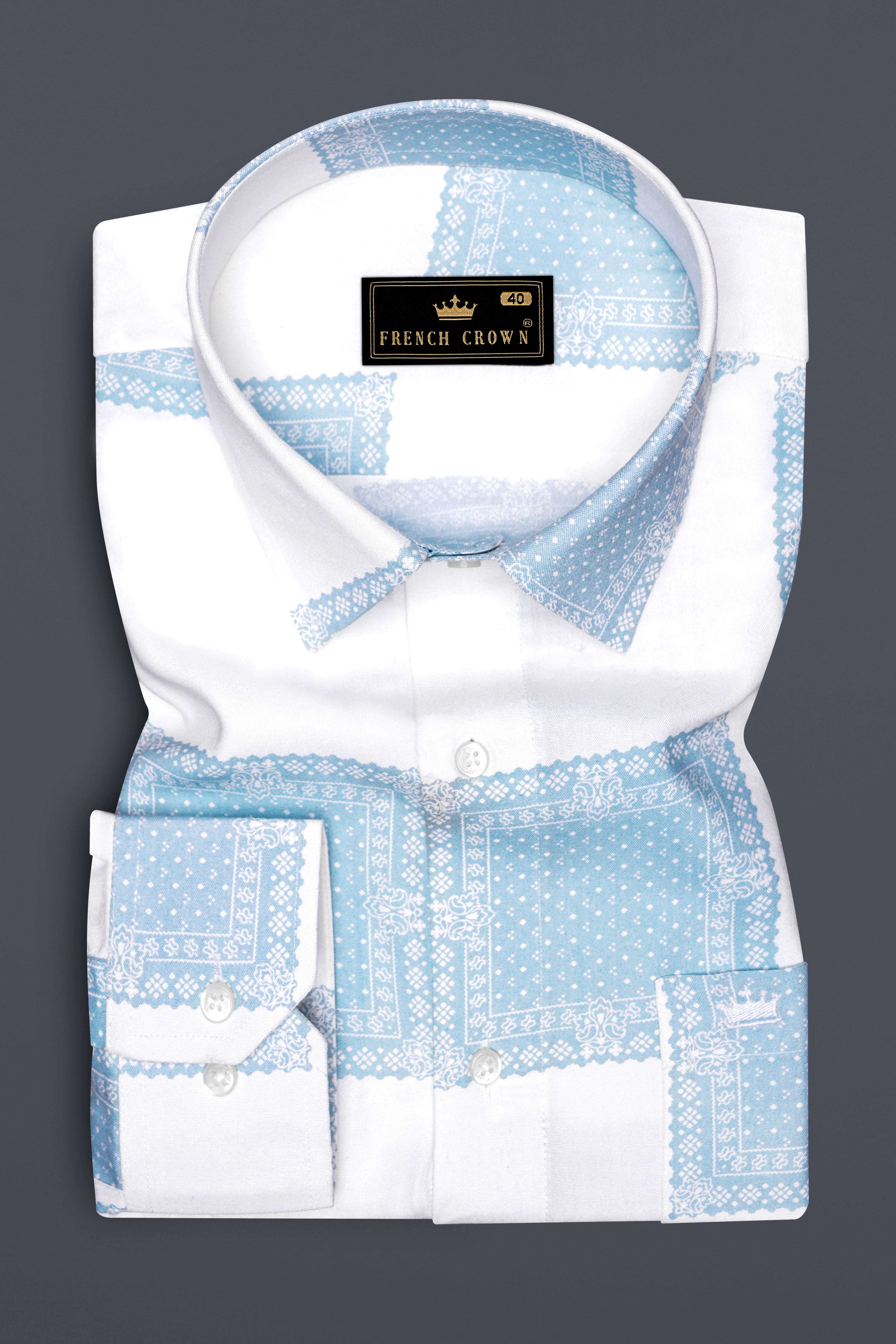 Obscia-Bright White And Gothic Blue Printed Super Soft Tencel Casual Shirt