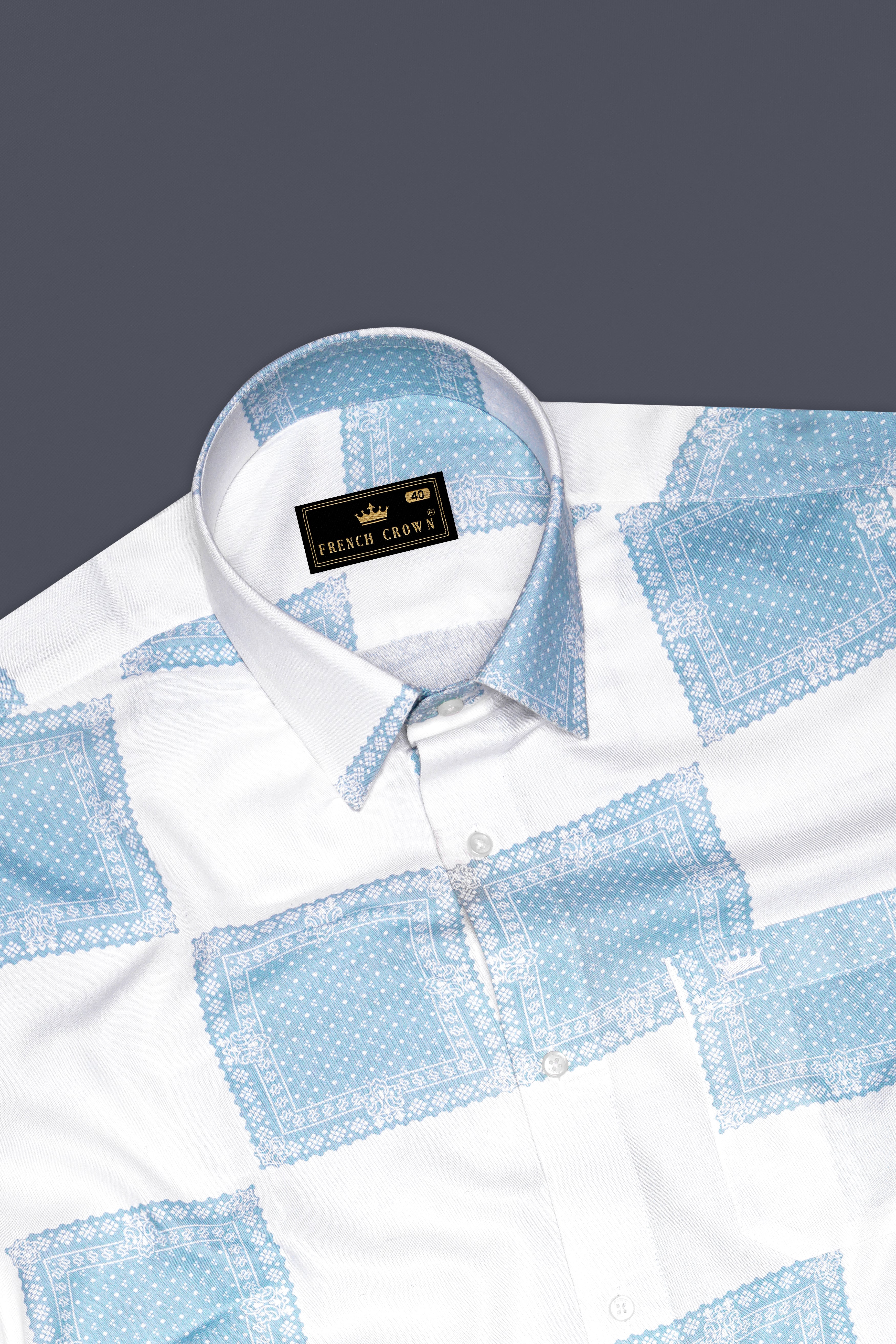 Obscia-Bright White And Gothic Blue Printed Super Soft Tencel Casual Shirt