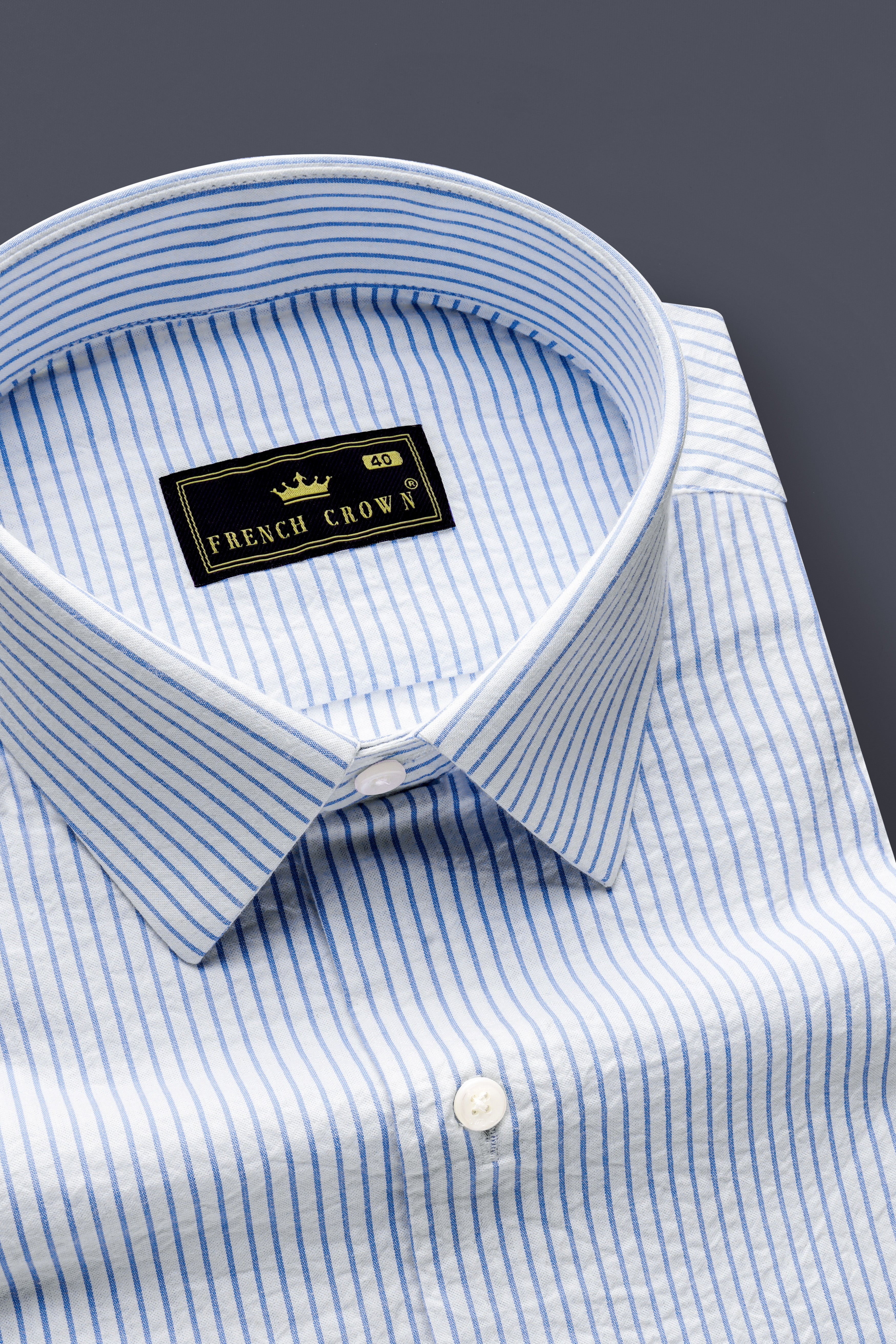 Pinzaro-Spindle Blue And Bright White Striped Seersucker Giza Cotton Dress Shirt