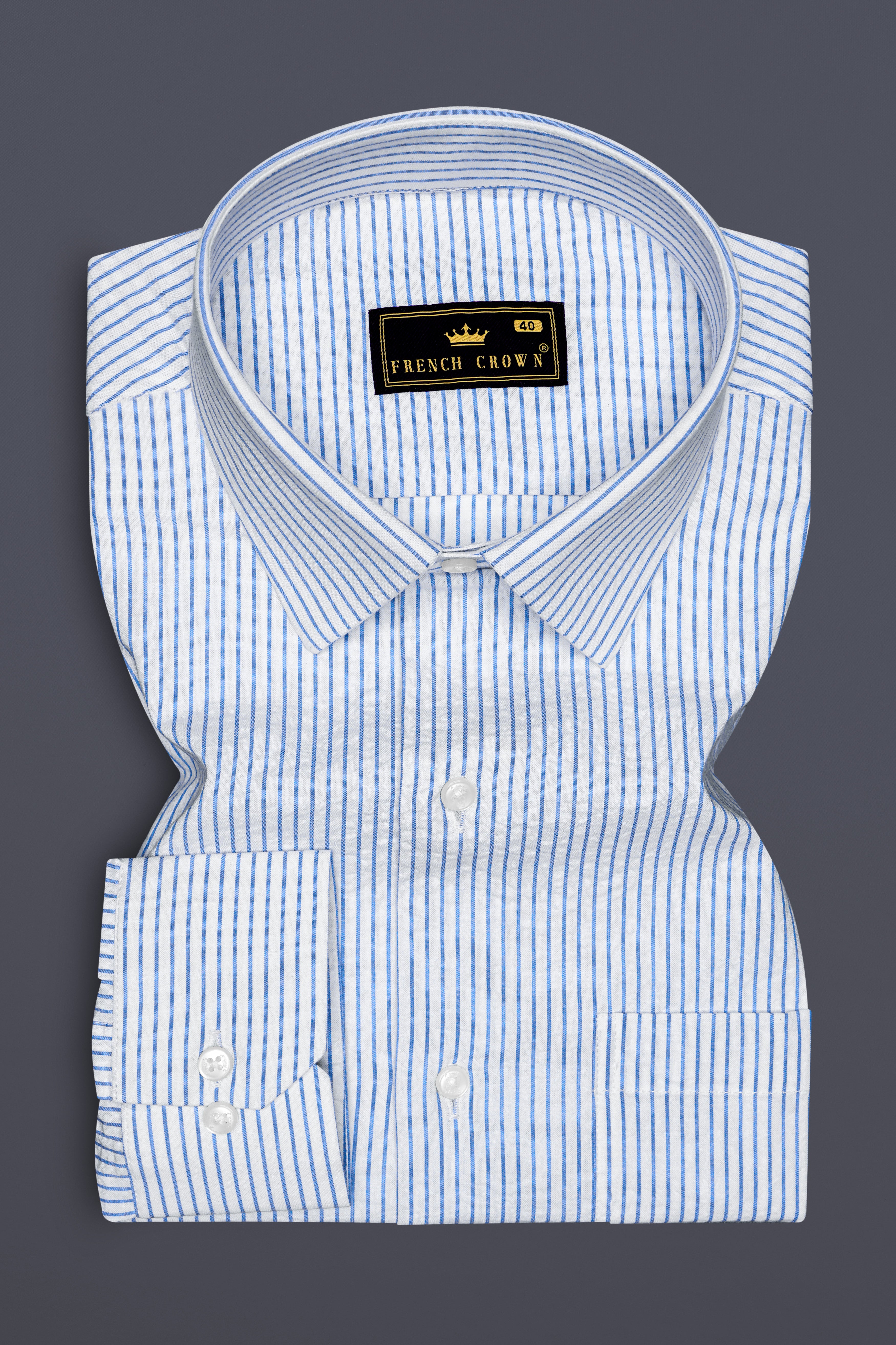 Pinzaro-Spindle Blue And Bright White Striped Seersucker Giza Cotton Dress Shirt