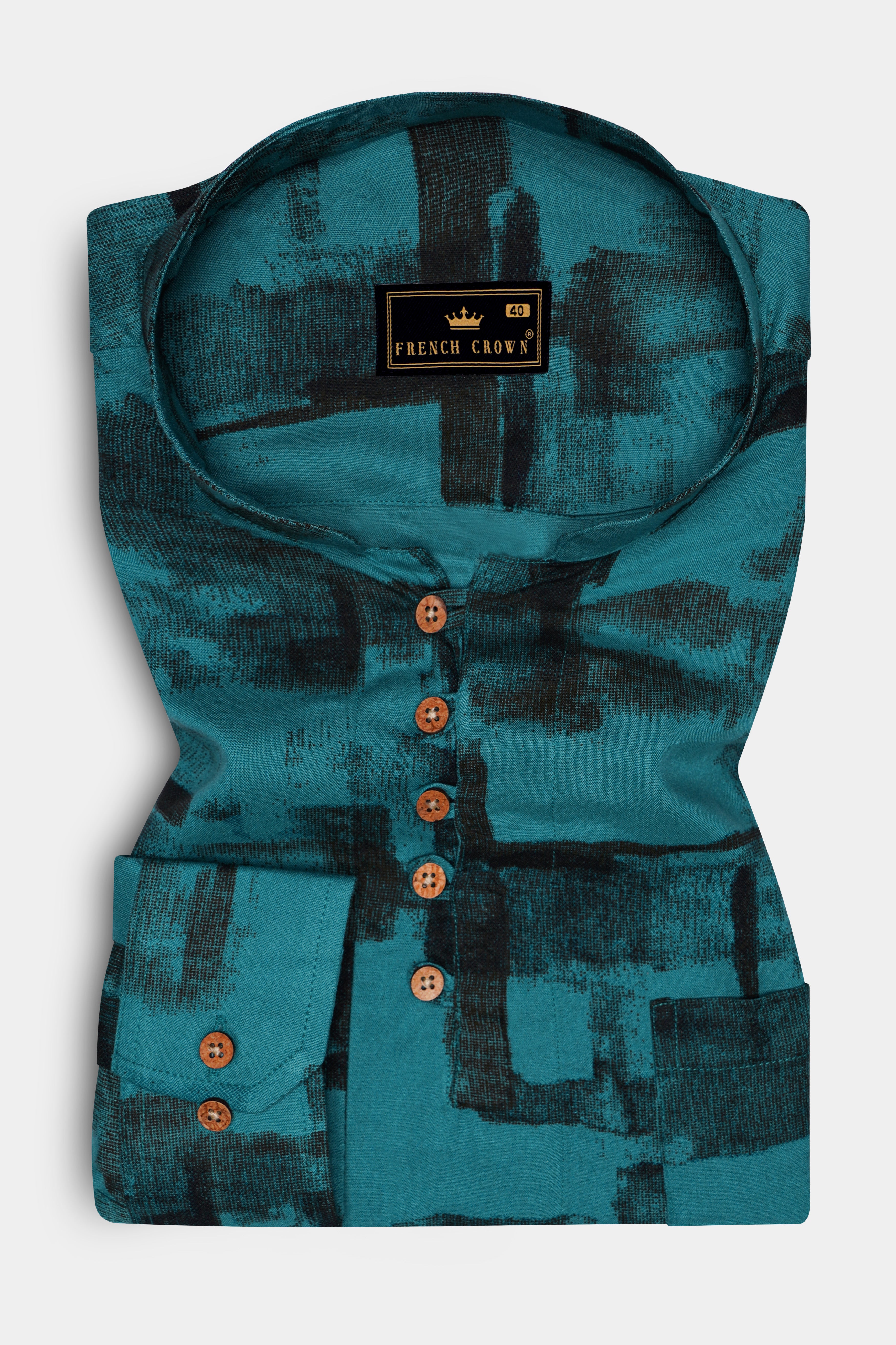 Noctric-Genoa Blue And Zeus Black Printed Super Soft Tencel Casual Kurta Shirt