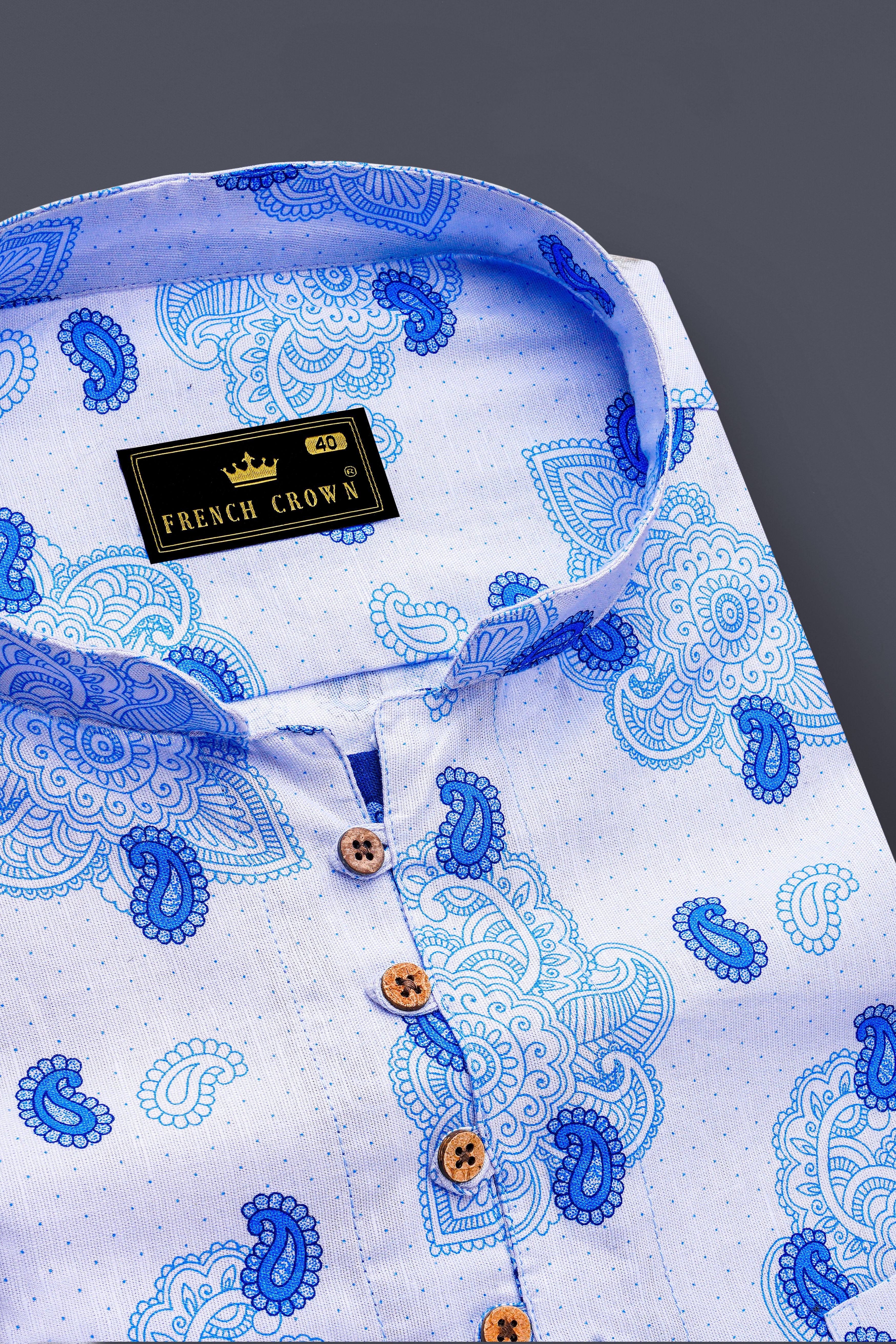 Lilaysh-Periwinkle Blue And Bright White Paisleys Printed Chambray Premium Cotton Casual Kurta Shirt