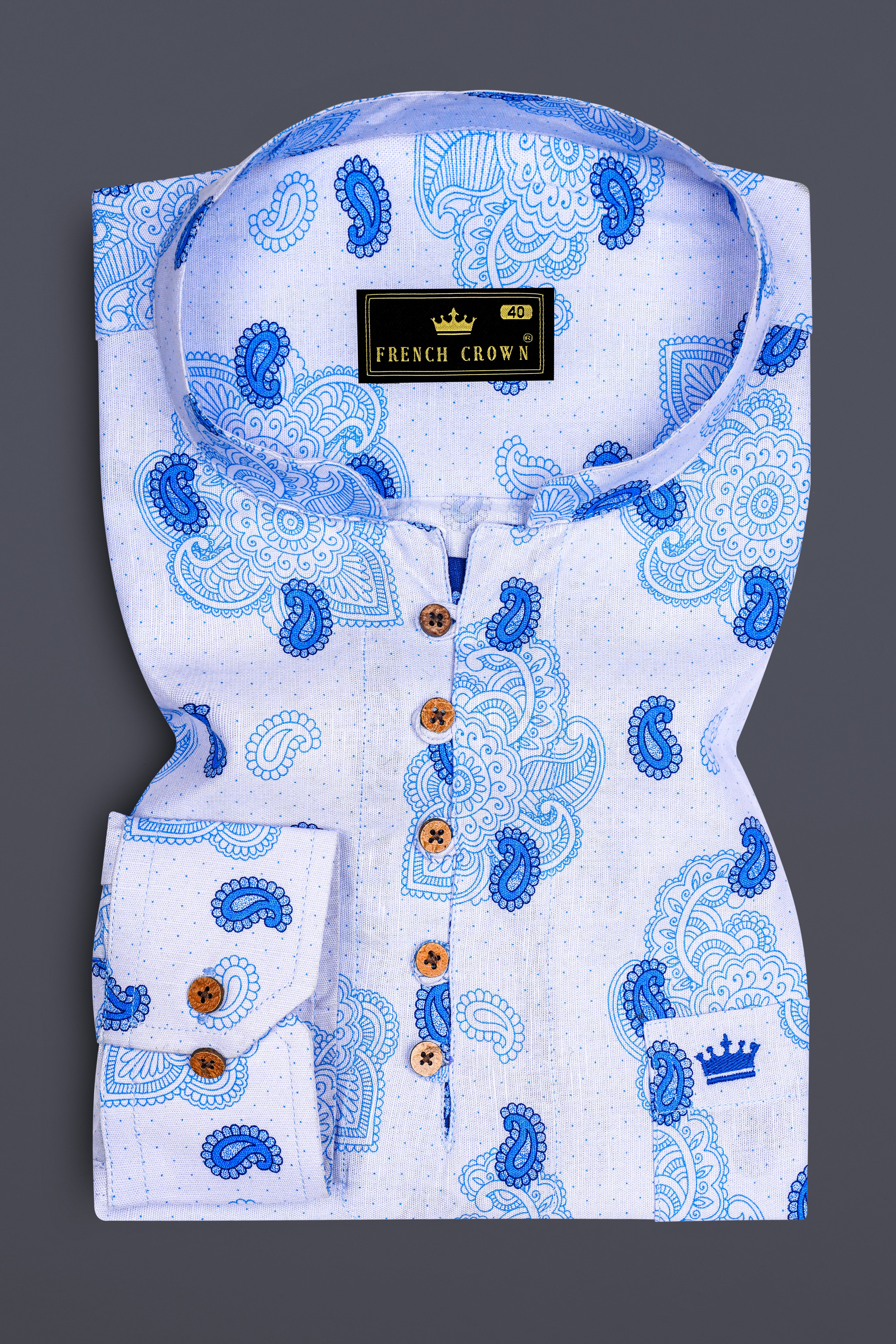 Lilaysh-Periwinkle Blue And Bright White Paisleys Printed Chambray Premium Cotton Casual Kurta Shirt