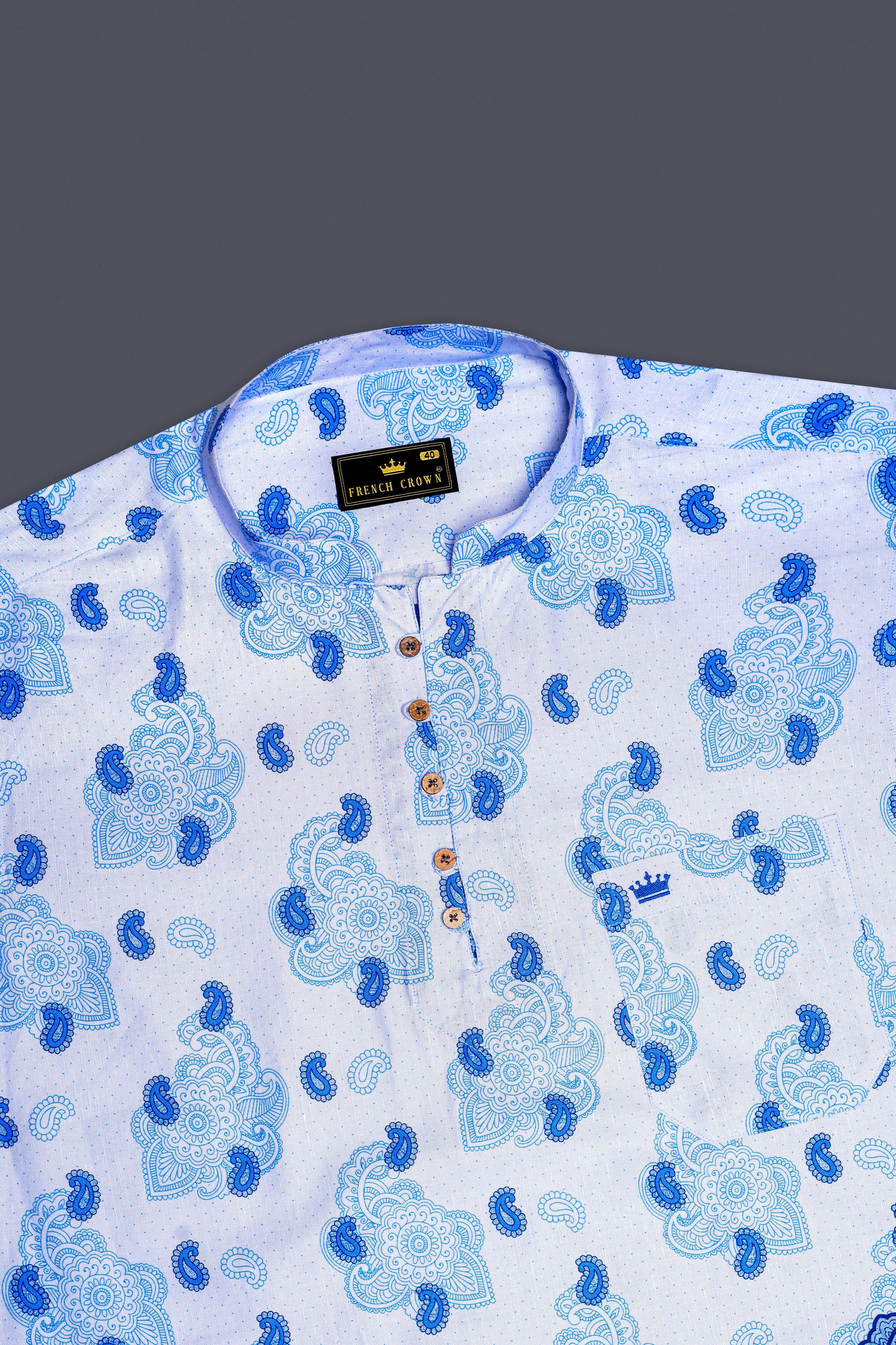 Lilaysh-Periwinkle Blue And Bright White Paisleys Printed Chambray Premium Cotton Casual Kurta Shirt