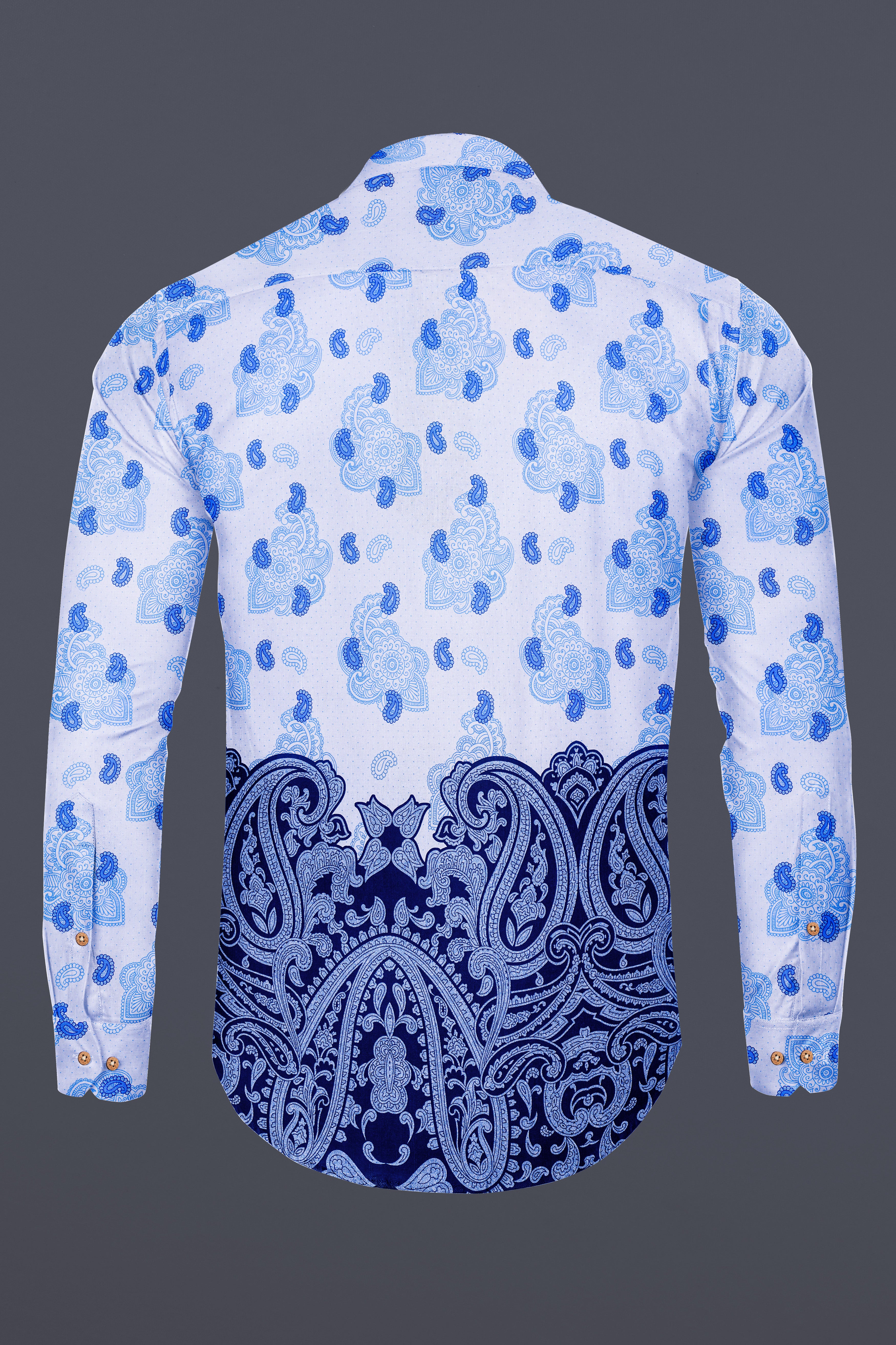 Lilaysh-Periwinkle Blue And Bright White Paisleys Printed Chambray Premium Cotton Casual Kurta Shirt