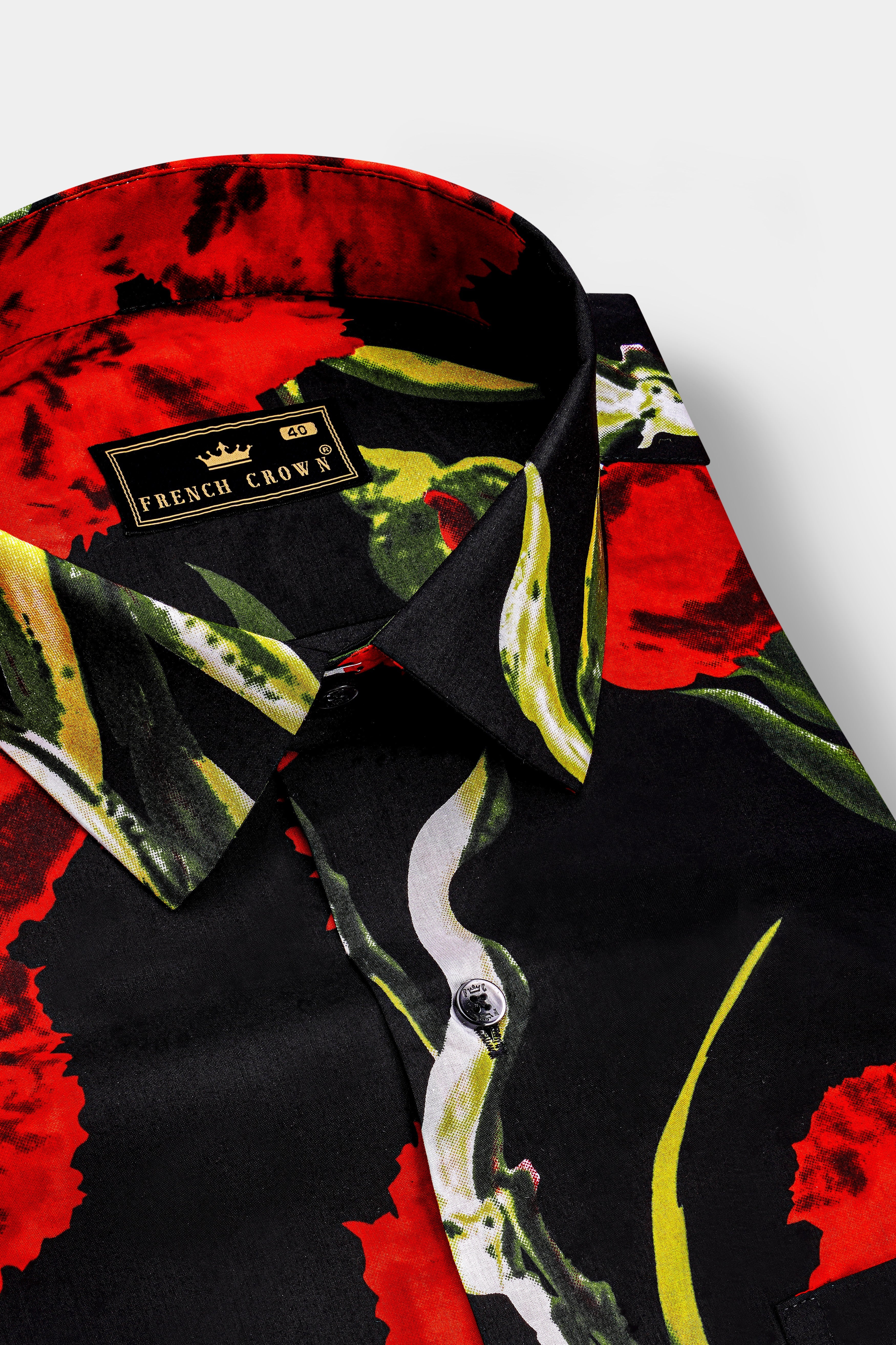 Noirrosa-Jade Black And Milano Red Floral Printed Super Soft Premium Cotton Casual Shirt