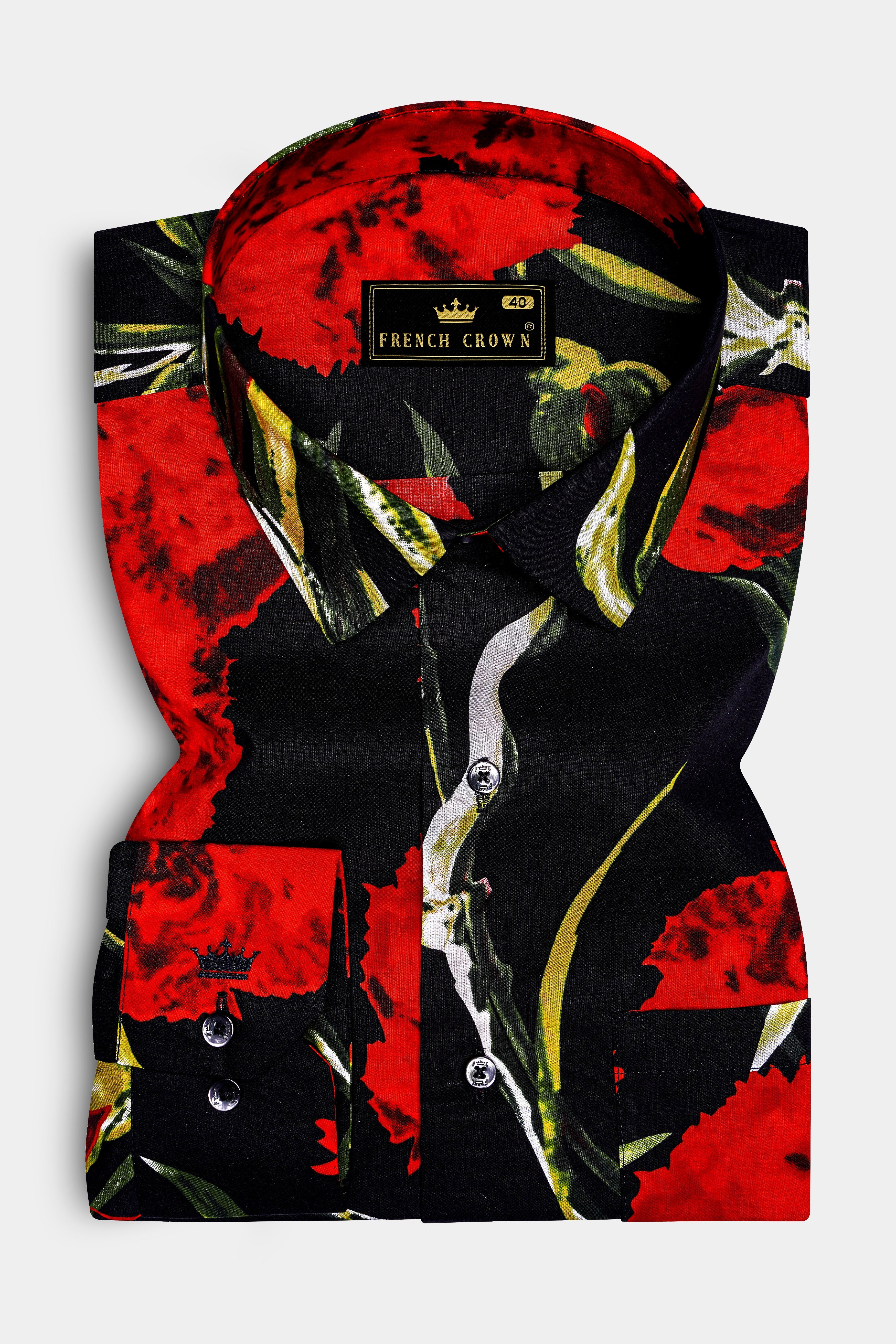 Noirrosa-Jade Black And Milano Red Floral Printed Super Soft Premium Cotton Casual Shirt