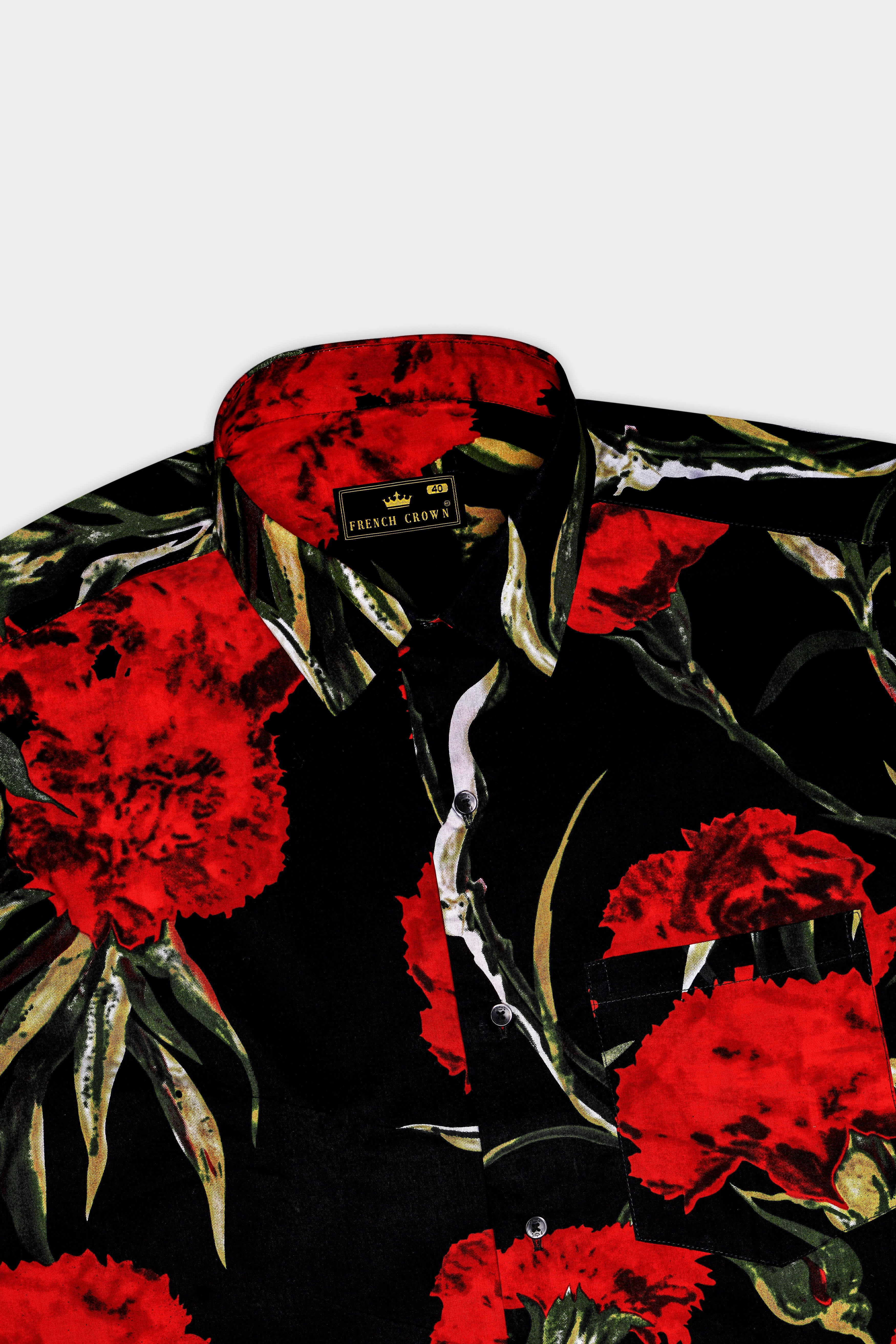 Noirrosa-Jade Black And Milano Red Floral Printed Super Soft Premium Cotton Casual Shirt