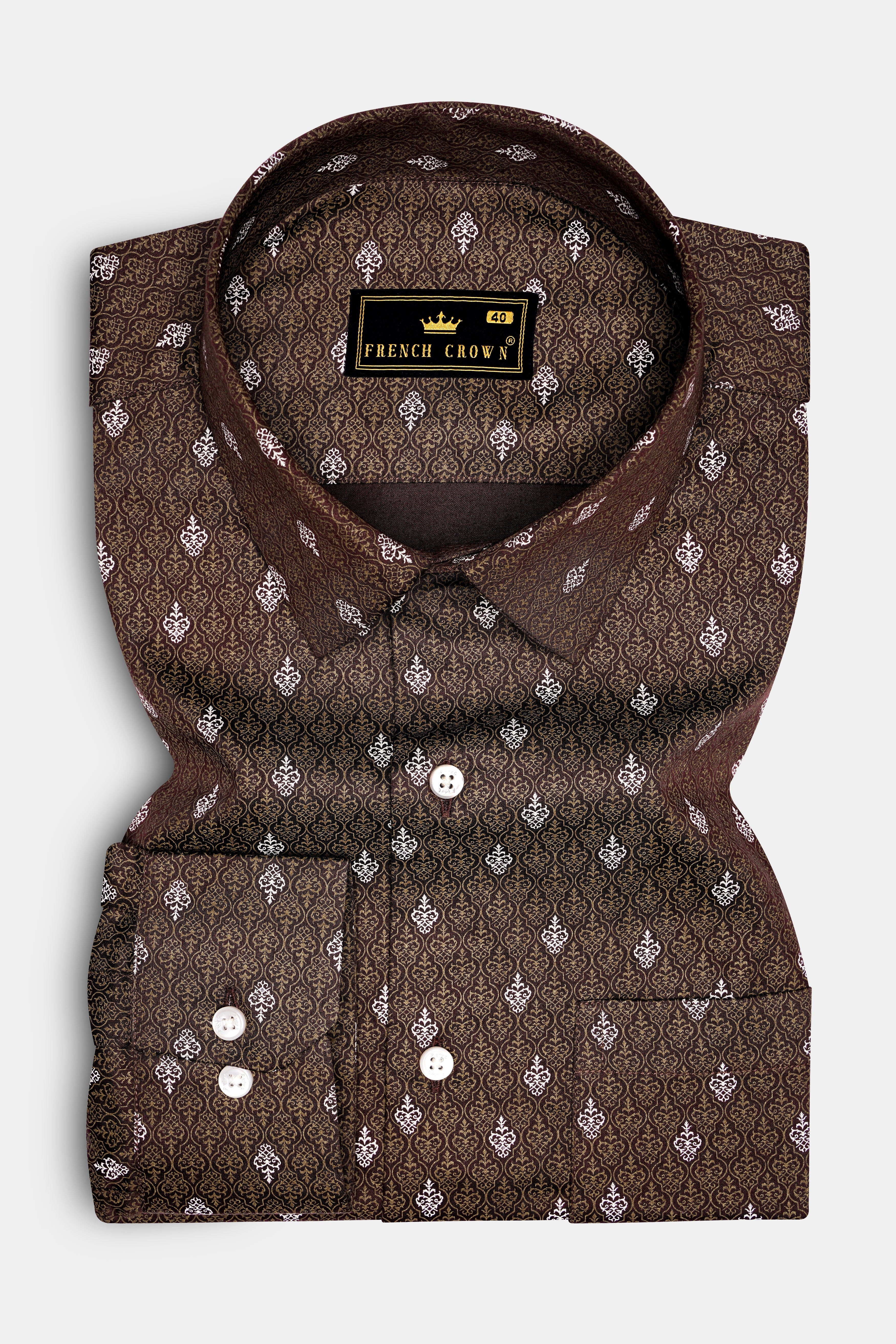 Bronzio-Iroko Brown Damask Printed Subtle Sheen Super Soft Premium Cotton Dress Shirt