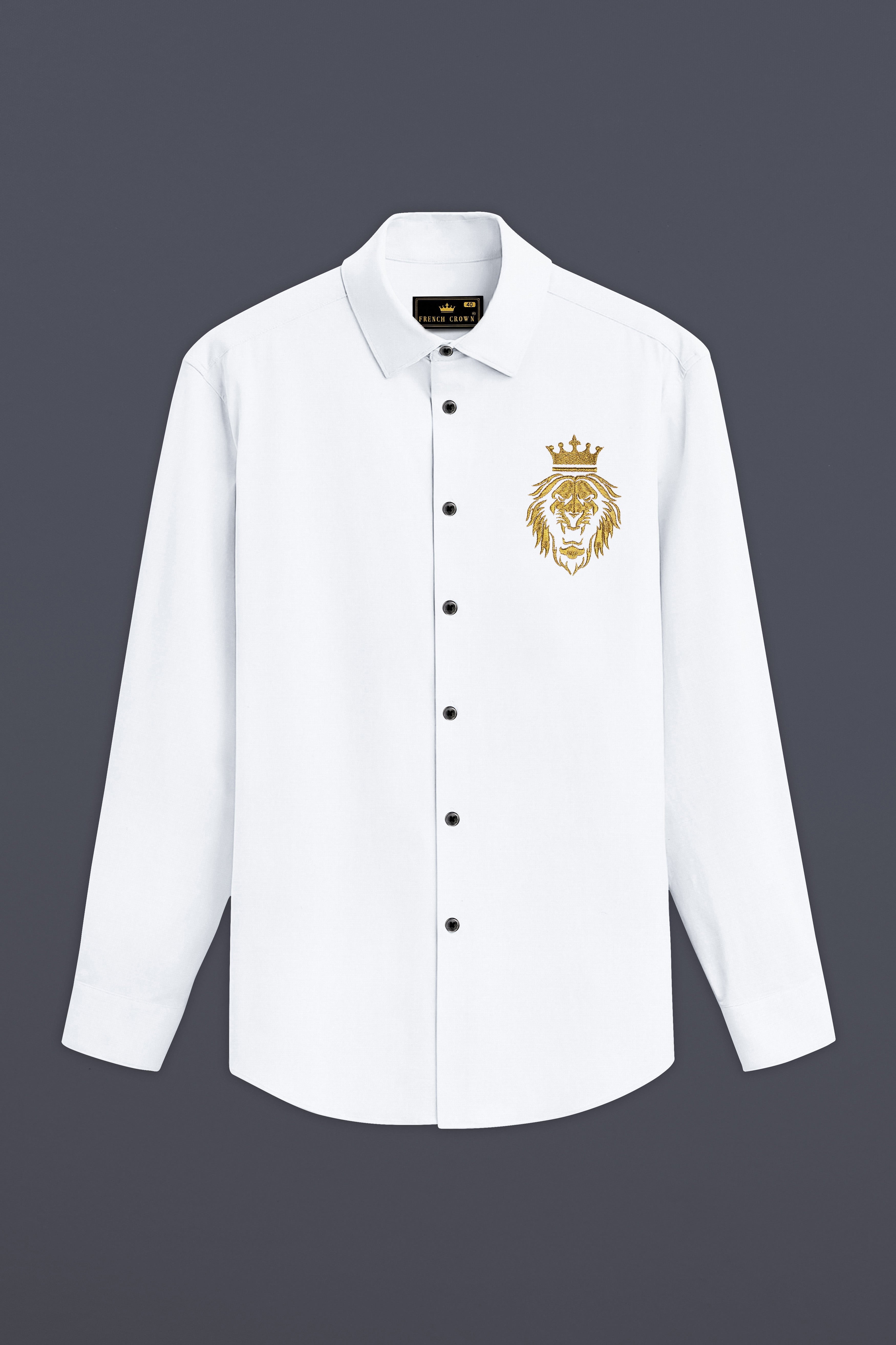 Leonir-Bright White Lion Embroidered Subtle Sheen Super Soft Premium Cotton Designer Shirt