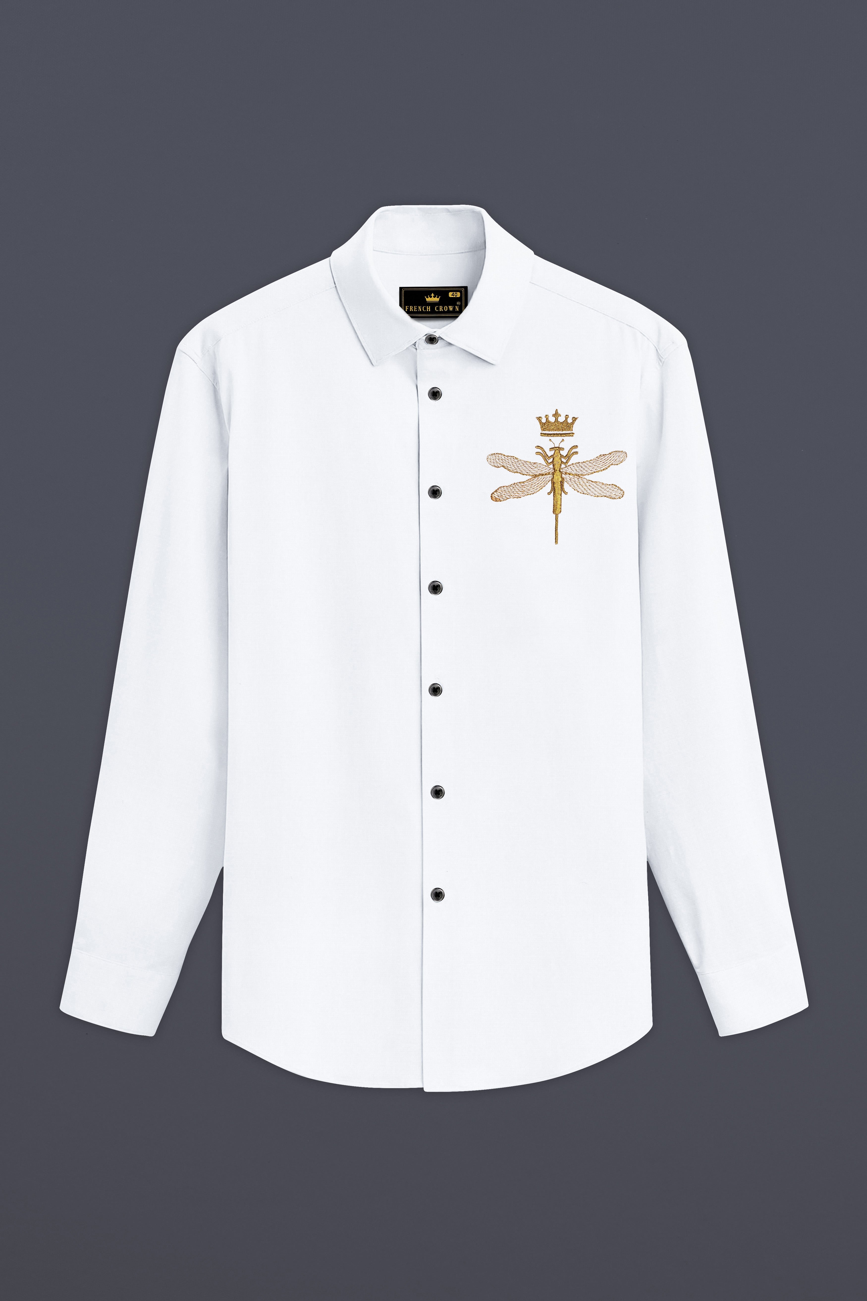 Aurefly-Bright White Dragonfly Embroidered Subtle Sheen Super Soft Premium Cotton Designer Shirt