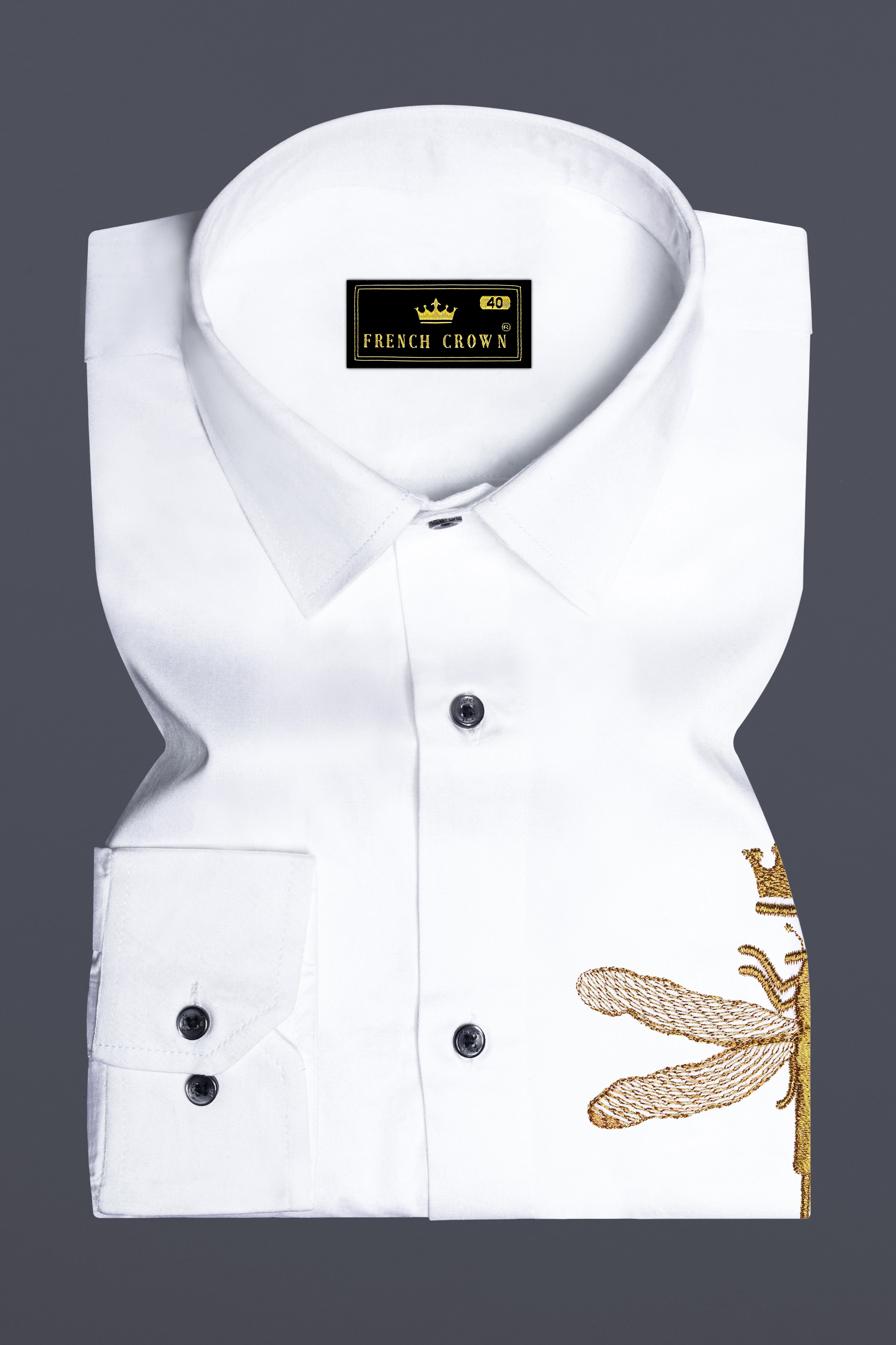 Aurefly-Bright White Dragonfly Embroidered Subtle Sheen Super Soft Premium Cotton Designer Shirt