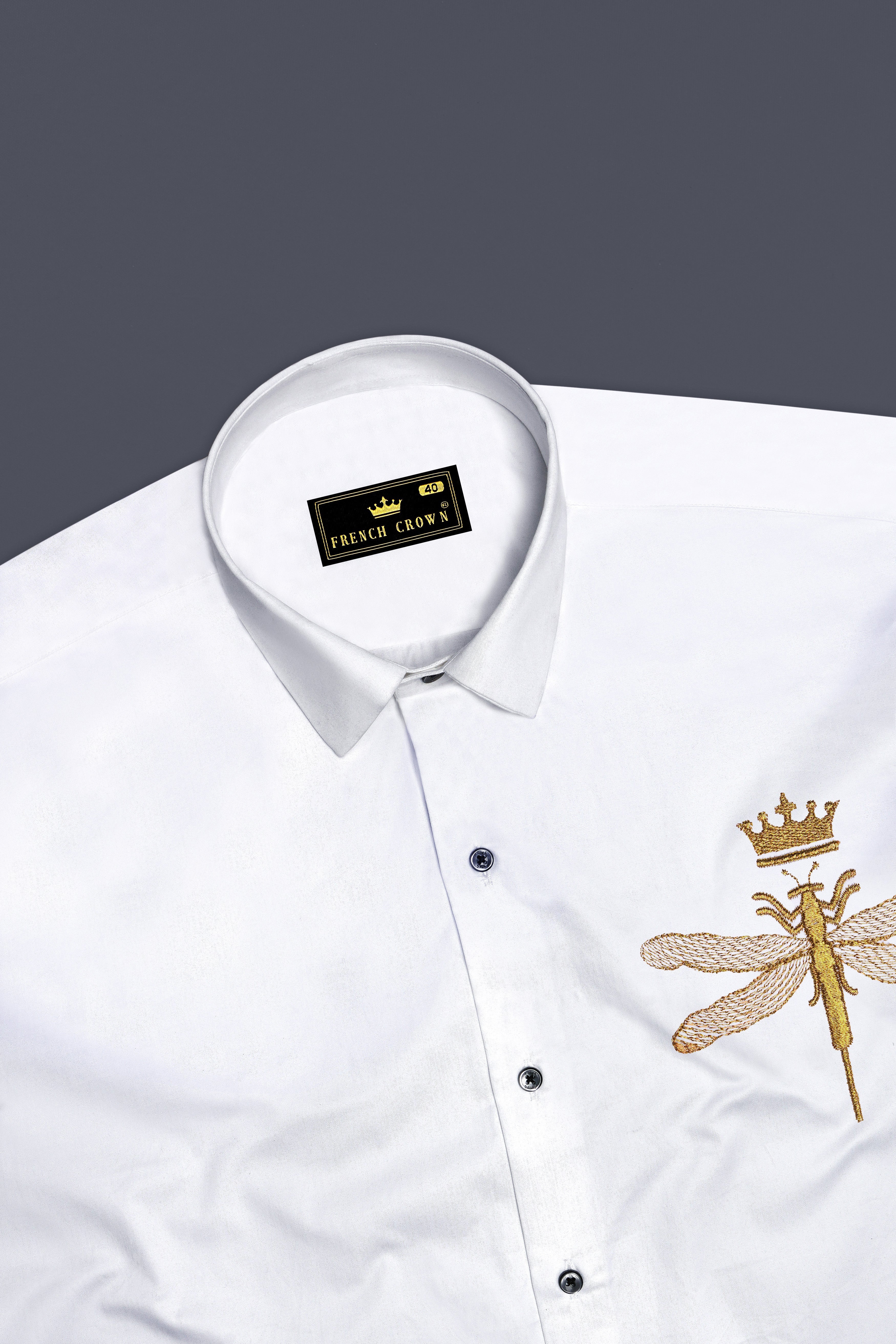Aurefly-Bright White Dragonfly Embroidered Subtle Sheen Super Soft Premium Cotton Designer Shirt