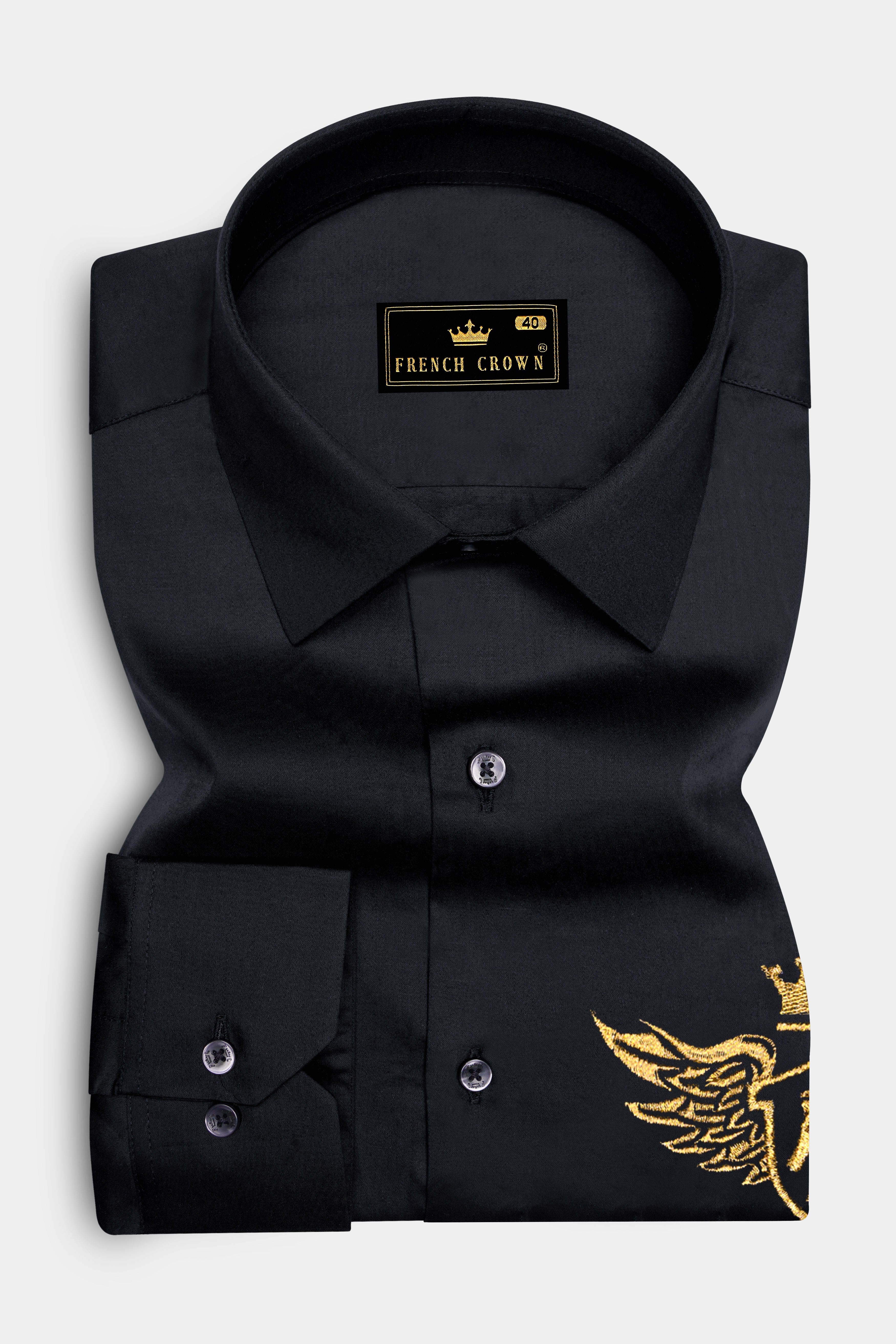 Velquine-Jade Black Horse Embroidered Subtle Sheen Super Soft Premium Cotton Designer Shirt