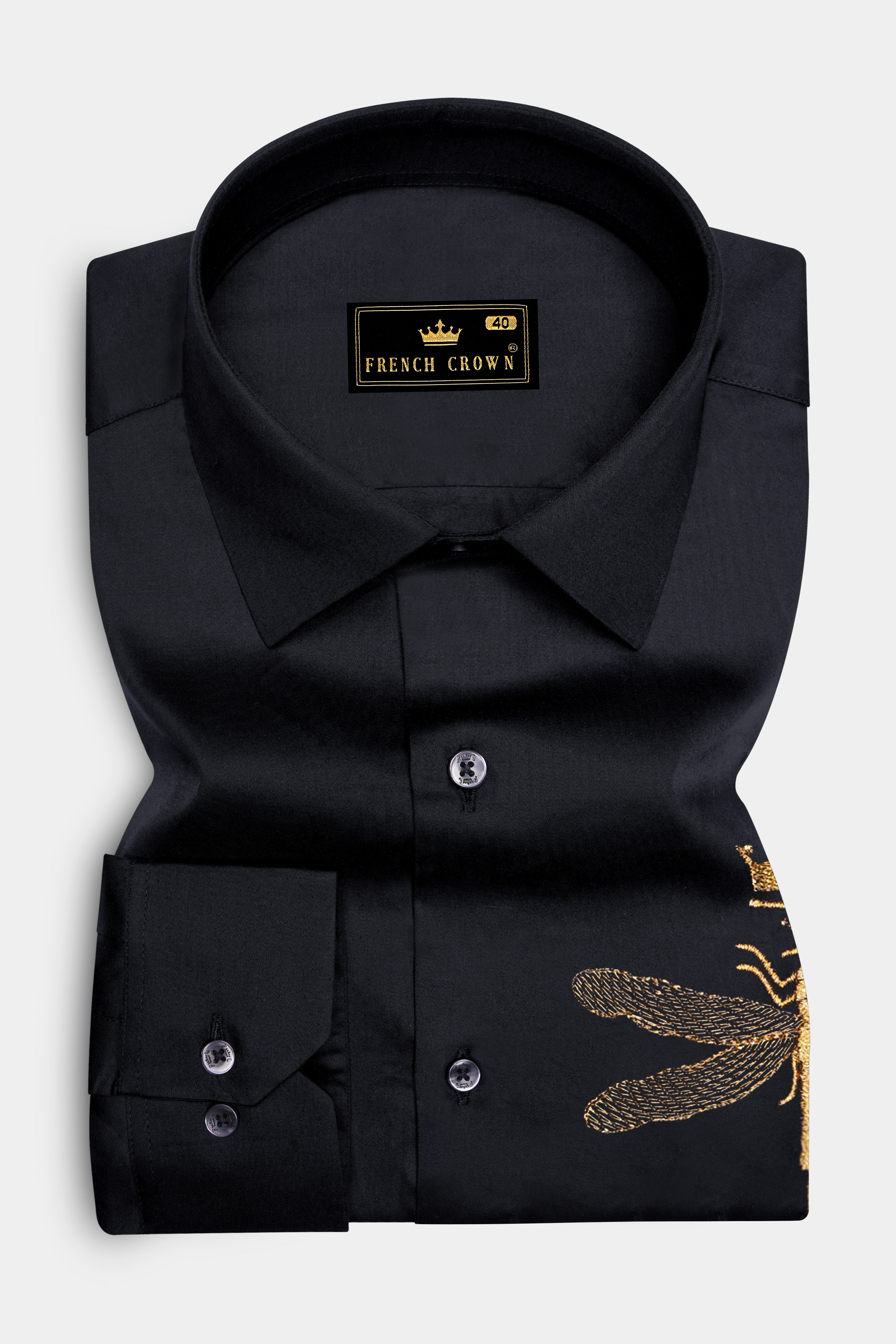 Velafly-Jade Black Dragonfly Embroidered Subtle Sheen Super Soft Premium Cotton Designer Shirt