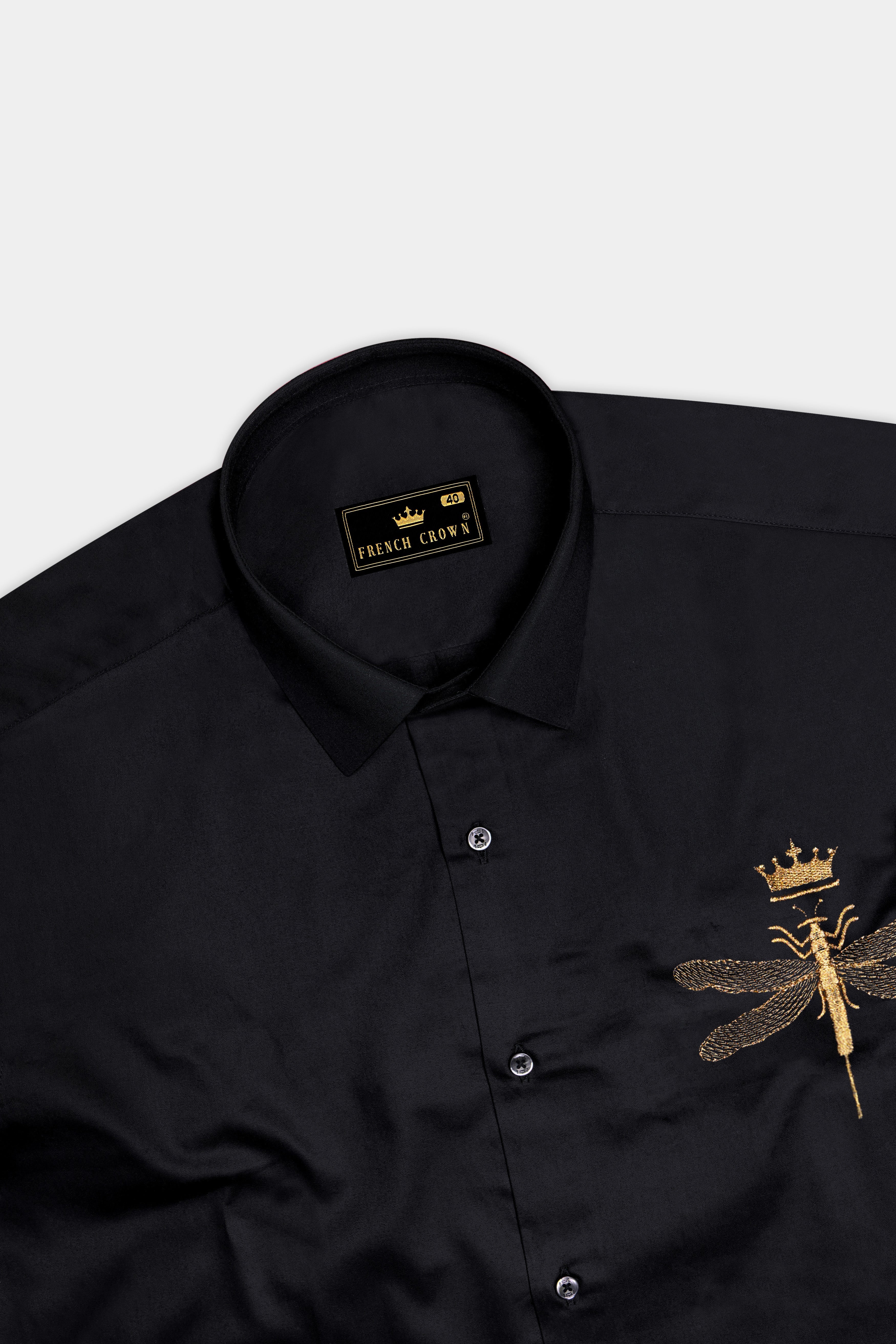 Velafly-Jade Black Dragonfly Embroidered Subtle Sheen Super Soft Premium Cotton Designer Shirt