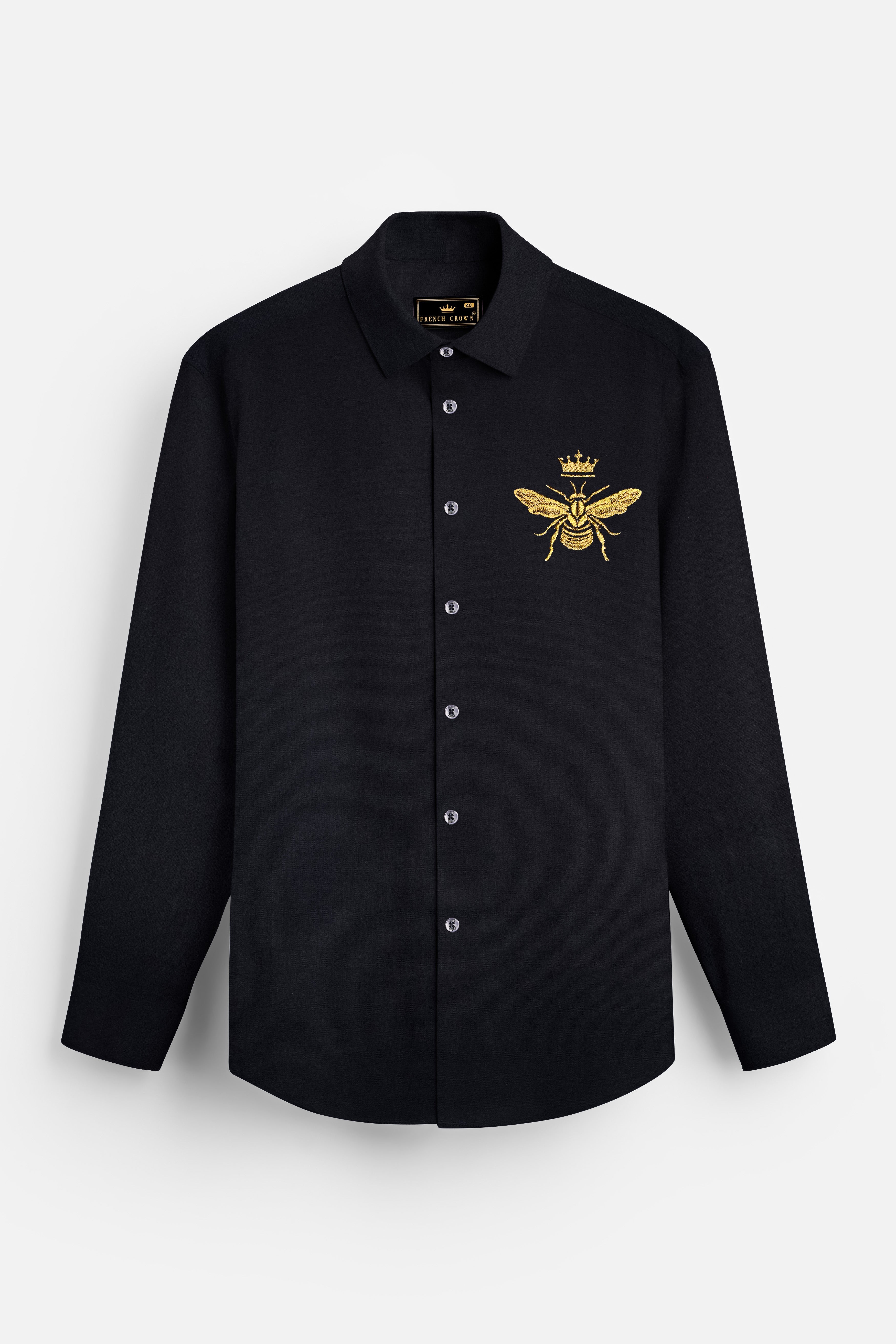 Apisyn-Jade Black Honey Bee Embroidered Subtle Sheen Super Soft Premium Cotton Designer Shirt